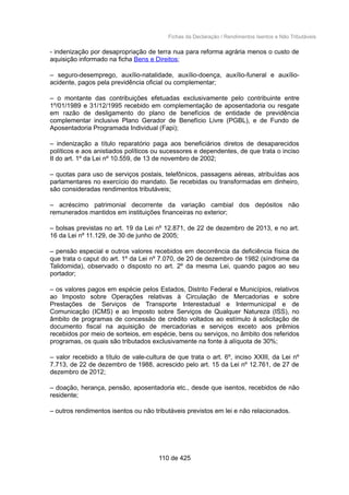 Fichas da Declaração / Rendimentos Isentos e Não Tributáveis
- indenização por desapropriação de terra nua para reforma agrária menos o custo de
aquisição informado na ficha Bens e Direitos;
– seguro-desemprego, auxílio-natalidade, auxílio-doença, auxílio-funeral e auxílio-
acidente, pagos pela previdência oficial ou complementar;
– o montante das contribuições efetuadas exclusivamente pelo contribuinte entre
1º/01/1989 e 31/12/1995 recebido em complementação de aposentadoria ou resgate
em razão de desligamento do plano de benefícios de entidade de previdência
complementar inclusive Plano Gerador de Benefício Livre (PGBL), e de Fundo de
Aposentadoria Programada Individual (Fapi);
– indenização a título reparatório paga aos beneficiários diretos de desaparecidos
políticos e aos anistiados políticos ou sucessores e dependentes, de que trata o inciso
II do art. 1º da Lei nº 10.559, de 13 de novembro de 2002;
– quotas para uso de serviços postais, telefônicos, passagens aéreas, atribuídas aos
parlamentares no exercício do mandato. Se recebidas ou transformadas em dinheiro,
são consideradas rendimentos tributáveis;
– acréscimo patrimonial decorrente da variação cambial dos depósitos não
remunerados mantidos em instituições financeiras no exterior;
– bolsas previstas no art. 19 da Lei nº 12.871, de 22 de dezembro de 2013, e no art.
16 da Lei nº 11.129, de 30 de junho de 2005;
– pensão especial e outros valores recebidos em decorrência da deficiência física de
que trata o caput do art. 1º da Lei nº 7.070, de 20 de dezembro de 1982 (síndrome da
Talidomida), observado o disposto no art. 2º da mesma Lei, quando pagos ao seu
portador;
– os valores pagos em espécie pelos Estados, Distrito Federal e Municípios, relativos
ao Imposto sobre Operações relativas à Circulação de Mercadorias e sobre
Prestações de Serviços de Transporte Interestadual e Intermunicipal e de
Comunicação (ICMS) e ao Imposto sobre Serviços de Qualquer Natureza (ISS), no
âmbito de programas de concessão de crédito voltados ao estímulo à solicitação de
documento fiscal na aquisição de mercadorias e serviços exceto aos prêmios
recebidos por meio de sorteios, em espécie, bens ou serviços, no âmbito dos referidos
programas, os quais são tributados exclusivamente na fonte à alíquota de 30%;
– valor recebido a título de vale-cultura de que trata o art. 6º, inciso XXIII, da Lei nº
7.713, de 22 de dezembro de 1988, acrescido pelo art. 15 da Lei nº 12.761, de 27 de
dezembro de 2012;
– doação, herança, pensão, aposentadoria etc., desde que isentos, recebidos de não
residente;
– outros rendimentos isentos ou não tributáveis previstos em lei e não relacionados.
110 de 425
 