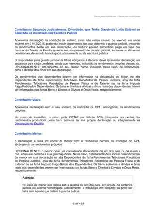Situações Individuais / Situações Individuais
Contribuinte Separado Judicialmente, Divorciado, que Tenha Dissolvido União Estável ou
Separado ou Divorciado por Escritura Pública
Apresenta declaração na condição de solteiro, caso não esteja casado ou vivendo em união
estável em 31/12/2015, podendo incluir dependente do qual detenha a guarda judicial, incluindo
os rendimentos deste em sua declaração, ou deduzir pensão alimentícia paga em face das
normas do Direito de Família quando em cumprimento de decisão judicial, inclusive os alimentos
provisionais, de acordo homologado judicialmente ou de escritura pública.
O responsável pela guarda judicial de filhos obrigados a declarar deve apresentar declaração em
separado para cada um deles, ainda que menores, incluindo os rendimentos próprios destes, ou,
OPCIONALMENTE, em conjunto, em seu próprio nome, incluindo, neste caso, os rendimentos,
bens e direitos dos filhos em sua declaração.
Os rendimentos dos dependentes devem ser informados na declaração do titular, na aba
Dependentes da ficha Rendimentos Tributáveis Recebidos de Pessoa Jurídica, e/ou da ficha
Rendimentos Tributáveis Recebidos de Pessoa Física e do Exterior ou na ficha Imposto
Pago/Retido dos Dependentes. Os bens e direitos e dívidas e ônus reais dos dependentes devem
ser informados nas fichas Bens e Direitos e Dívidas e Ônus Reais, respectivamente.
Contribuinte Viúvo
Apresenta declaração com o seu número de inscrição no CPF, abrangendo os rendimentos
próprios.
No curso do inventário, o viúvo pode OPTAR por tributar 50% (cinquenta por cento) dos
rendimentos produzidos pelos bens comuns na sua própria declaração ou integralmente na
Declaração do Espólio.
Contribuinte Menor
A declaração é feita em nome do menor com o respectivo número de inscrição no CPF,
abrangendo os rendimentos próprios.
OPCIONALMENTE, o menor pode ser considerado dependente de um dos pais ou de quem o
crie, eduque e detenha a sua guarda judicial. Neste caso, o declarante deve incluir os rendimentos
do menor em sua declaração na aba Dependentes da ficha Rendimentos Tributáveis Recebidos
de Pessoa Jurídica, e/ou da ficha Rendimentos Tributáveis Recebidos de Pessoa Física e do
Exterior ou na ficha Imposto Pago/Retido dos Dependentes. Os bens e direitos e dívidas e ônus
reais dos dependentes devem ser informados nas fichas Bens e Direitos e Dívidas e Ônus Reais,
respectivamente.
Atenção
No caso de menor que esteja sob a guarda de um dos pais, em virtude de sentença
judicial ou acordo homologado judicialmente, a tributação em conjunto só pode ser
feita com aquele que detém a guarda judicial.
12 de 425
 