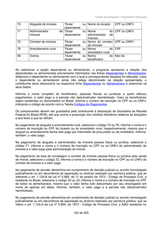 Fichas da Declaração / Pagamentos Efetuados
70 Aluguéis de imóveis Titular ou
dependente
Nome do locador CPF ou CNPJ
71 Administrador de
imóveis
Titular ou
dependente
Nome do
administrador de
imóveis
CPF ou CNPJ
72 Corretor de imóveis Titular ou
dependente
Nome do corretor
de imóveis
CPF ou CNPJ
76 Arrendamento rural Titular ou
dependente
Nome do
arrendador rural
CPF
99 Outros Titular ou
dependente
Nome do
beneficiário
Não há
Ao selecionar a opção dependente ou alimentando, o programa apresenta a relação dos
dependentes ou alimentandos previamente informados nas fichas Dependentes e Alimentandos.
Selecione o dependente ou alimentando com o qual a correspondente despesa foi efetuada. Caso
o dependente ou alimentando ainda não esteja discriminado na relação apresentada, o
contribuinte deve relacioná-lo na respectiva ficha Dependentes ou Alimentandos e preencher os
seus dados.
Informe o nome completo do beneficiário, pessoas físicas ou jurídicas a quem efetuou
pagamentos, o valor pago e a parcela não dedutível/valor reembolsado. Caso os beneficiários
sejam residentes ou domiciliados no Brasil, informe o número de inscrição no CPF ou no CNPJ,
indicando o código de acordo com a Tabela Códigos de Pagamentos.
Os comprovantes devem ser guardados pelo contribuinte à disposição da Secretaria da Receita
Federal do Brasil (RFB), até que ocorra a prescrição dos créditos tributários relativos às situações
e aos fatos a que se refiram.
No pagamento de aluguéis e arrendamento rural, selecione o código 70 ou 76, informe o nome e o
número de inscrição no CPF do locador ou do arrendador rural, respectivamente, mesmo que o
aluguel ou arrendamento tenha sido pago por intermédio de procurador ou de imobiliária. Informe,
também, o valor pago.
No pagamento de aluguéis a administrador de imóveis pessoa física ou jurídica, selecione o
código 71, informe o nome e o número de inscrição no CPF ou no CNPJ do administrador de
imóveis e o valor pago pela administração do imóvel.
No pagamento de taxa de corretagem a corretor de imóveis pessoa física ou jurídica pela venda
de imóvel, selecione o código 72, informe o nome e o número de inscrição no CPF ou no CNPJ do
corretor de imóveis e o valor pago.
No pagamento de pensão alimentícia em cumprimento de decisão judicial ou acordo homologado
judicialmente ou em decorrência de separação ou divórcio realizado por escritura pública, que se
referente o art. 1.124-A da Lei nº 5.869, de 11 de janeiro de 1973 - Código de Processo Civil, a
residente no Brasil, selecione o código 30 ou 33, informe o nome e o número de inscrição no CPF
de todos os alimentandos, mesmo que o valor tenha sido descontado por seu empregador em
nome de apenas um deles. Informe, também, o valor pago e a parcela não dedutível/valor
reembolsado.
No pagamento de pensão alimentícia em cumprimento de decisão judicial ou acordo homologado
judicialmente ou em decorrência de separação ou divórcio realizado por escritura pública, que se
refere o art. 1.124-A da Lei nº 5.869, de 1973 - Código de Processo Civil, a NÃO residente no
143 de 425
 