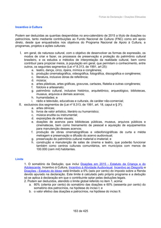 Fichas da Declaração / Doações Efetuadas
Incentivo à Cultura
Podem ser deduzidas as quantias despendidas no ano-calendário de 2015 a título de doações ou
patrocínios, tanto mediante contribuições ao Fundo Nacional de Cultura (FNC) como em apoio
direto, desde que enquadrados nos objetivos do Programa Nacional de Apoio à Cultura, a
programas, projetos e ações culturais:
I. em geral, de natureza cultural, com o objetivo de desenvolver as formas de expressão, os
modos de criar e fazer, os processos de preservação e proteção do patrimônio cultural
brasileiro, e os estudos e métodos de interpretação da realidade cultural, bem como
contribuir para propiciar meios, à população em geral, que permitam o conhecimento, entre
outros, os seguintes segmentos (Lei nº 8.313, de 1991, art 25):
a. teatro, dança, circo, ópera, mímica e congêneres;
b. produção cinematográfica, videográfica, fotográfica, discográfica e congêneres;
c. literatura, inclusive obras de referência;
d. música;
e. artes plásticas, artes gráficas, gravuras, cartazes, filatelia e outras congêneres;
f. folclore e artesanato;
g. patrimônio cultural, inclusive histórico, arquitetônico, arqueológico, bibliotecas,
museus, arquivos e demais acervos;
h. humanidades; e
i. rádio e televisão, educativas e culturais, de caráter não-comercial;
II. exclusivos dos segmentos de (Lei nº 8.313, de 1991, art. 18, caput e § 3º);
a. artes cênicas;
b. livros de valor artístico, literário ou humanístico;
c. música erudita ou instrumental;
d. exposições de artes visuais;
e. doações de acervos para bibliotecas públicas, museus, arquivos públicos e
cinematecas, bem como treinamento de pessoal e aquisição de equipamentos
para manutenção desses acervos;
f. produção de obras cinematográficas e videofonográficas de curta e média
metragem e preservação e difusão do acervo audiovisual;
g. preservação do patrimônio cultural material e imaterial; e
h. construção e manutenção de salas de cinema e teatro, que poderão funcionar
também como centros culturais comunitários, em municípios com menos de
100.000 (cem mil) habitantes.
Limite
1. O somatório da Dedução, que inclui Doações em 2015 - Estatuto da Criança e do
Adolescente, Incentivo à Cultura, Incentivo à Atividade Audiovisual, Incentivo ao Desporto e
Doações - Estatuto do Idoso está limitado a 6% (seis por cento) do imposto sobre a Renda
devido apurado na declaração. Este limite é calculado pelo próprio programa e a dedução
só se aplica à declaração em que o contribuinte optar pelas deduções legais.
2. Podem ser deduzidos, atendido o limite global referido no item 1, acima:
a. 80% (oitenta por cento) do somatório das doações e 60% (sessenta por cento) do
somatório dos patrocínios, na hipótese do inciso I; e
b. o valor efetivo das doações e patrocínios, na hipótese do inciso II.
163 de 425
 
