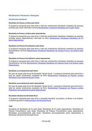 Fichas da Declaração / Resumo da Declaração
Rendimentos Tributáveis e Deduções
Rendimentos tributáveis
Recebidos de Pessoa Jurídica pelo titular
O programa transporta para esta linha o total dos rendimentos tributáveis recebidos de pessoas
jurídicas pelo titular informado na ficha Rendimentos Tributáveis Recebidos de PJ pelo Titular.
Recebidos de Pessoa Jurídica pelos dependentes
O programa transporta para esta linha o total dos rendimentos tributáveis recebidos de pessoas
jurídicas pelo(s) dependente(s) informado na ficha Rendimentos Tributáveis Recebidos de PJ
pelos Dependentes.
Recebidos de Pessoa Física/Exterior pelo titular
O programa transporta para esta linha o total dos rendimentos tributáveis recebidos de pessoas
físicas/exterior da ficha Rendimentos Tributáveis Recebidos de Pessoa Física e do Exterior pelo
Titular.
Recebidos de Pessoa Física/Exterior pelos dependentes
O programa transporta para esta linha o total dos rendimentos tributáveis recebidos de pessoas
físicas/exterior da ficha Rendimentos Tributáveis Recebidos de Pessoa Física e do Exterior pelos
Dependentes.
Recebidos acumuladamente pelo titular
No caso de opção pela forma de tributação “Ajuste Anual”, o programa transporta para esta linha o
total do campo rendimentos recebidos da ficha Rendimentos Tributáveis de Pessoa Jurídica
Recebidos Acumuladamente pelo Titular.
Recebidos acumuladamente pelos dependentes
No caso de opção pela forma de tributação “Ajuste Anual”, o programa transporta para esta linha o
total do campo rendimentos recebidos da ficha Rendimentos Tributáveis de Pessoa Jurídica
Recebidos Acumuladamente pelos Dependentes.
Resultado tributável da Atividade Rural
O programa transporta para esta linha o resultado tributável, se positivo, do Brasil e do Exterior,
conforme apurado no Demonstrativo da Atividade Rural.
Total
Somatório de Recebidos de PJ pelo titular, Recebidos de PJ pelos dependentes, Recebidos de
Pessoa Física/Exterior pelo titular, Recebidos de Pessoa Física/Exterior pelos dependentes,
Recebidos acumuladamente pelo titular, Recebidos acumuladamente pelos dependentes e
Resultado tributável da Atividade Rural.
215 de 425
 