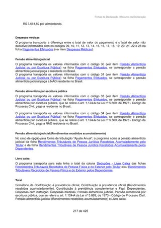 Fichas da Declaração / Resumo da Declaração
R$ 3.561,50 por alimentando.
Despesas médicas
O programa transporta a diferença entre o total de valor do pagamento e o total de valor não
dedutível informados com os códigos 09, 10, 11, 12, 13, 14, 15, 16, 17, 18, 19, 20, 21, 22 e 26 na
ficha Pagamentos Efetuados (ver item Despesas Médicas).
Pensão alimentícia judicial
O programa transporta os valores informados com o código 30 (ver item Pensão Alimentícia
Judicial ou por Escritura Pública) na ficha Pagamentos Efetuados, se corresponder a pensão
alimentícia judicial paga a residente no Brasil.
O programa transporta os valores informados com o código 31 (ver item Pensão Alimentícia
Judicial ou por Escritura Pública) na ficha Pagamentos Efetuados, se corresponder a pensão
alimentícia judicial paga a NÃO residente no Brasil.
Pensão alimentícia por escritura pública
O programa transporta os valores informados com o código 33 (ver item Pensão Alimentícia
Judicial ou por Escritura Pública) na ficha Pagamentos Efetuados, se corresponder a pensão
alimentícia por escritura pública, que se refere o art. 1.124-A da Lei nº 5.869, de 1973 - Código de
Processo Civil, paga a residente no Brasil.
O programa transporta os valores informados com o código 34 (ver item Pensão Alimentícia
Judicial ou por Escritura Pública) na ficha Pagamentos Efetuados, se corresponder a pensão
alimentícia por escritura pública, que se refere o art. 1.124-A da Lei nº 5.869, de 1973 - Código de
Processo Civil, paga a NÃO residente no Brasil.
Pensão alimentícia judicial (Rendimentos recebidos acumuladamente)
No caso de opção pela forma de tributação “Ajuste Anual”, o programa soma a pensão alimentícia
judicial da ficha Rendimentos Tributáveis de Pessoa Jurídica Recebidos Acumuladamente pelo
Titular e da ficha Rendimentos Tributáveis de Pessoa Jurídica Recebidos Acumuladamente pelos
Dependentes.
Livro caixa
O programa transporta para esta linha o total da coluna Deduções - Livro Caixa das fichas
Rendimentos Tributáveis Recebidos de Pessoa Física e do Exterior pelo Titular e/ou Rendimentos
Tributáveis Recebidos de Pessoa Física e do Exterior pelos Dependentes.
Total
Somatório de Contribuição à previdência oficial, Contribuição à previdência oficial (Rendimentos
recebidos acumuladamente), Contribuição à previdência complementar e Fapi, Dependentes,
Despesas com instrução, Despesas médicas, Pensão alimentícia judicial, Pensão alimentícia por
escritura pública, que se refere o art. 1.124-A da Lei nº 5.869, de 1973 - Código de Processo Civil,
Pensão alimentícia judicial (Rendimentos recebidos acumuladamente) e Livro caixa.
217 de 425
 