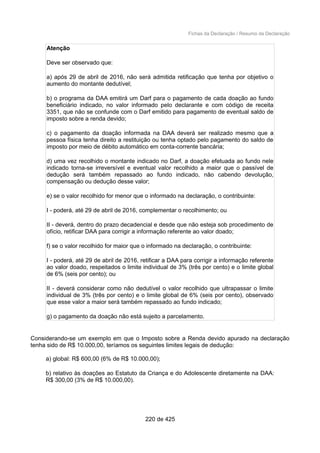 Fichas da Declaração / Resumo da Declaração
Atenção
Deve ser observado que:
a) após 29 de abril de 2016, não será admitida retificação que tenha por objetivo o
aumento do montante dedutível;
b) o programa da DAA emitirá um Darf para o pagamento de cada doação ao fundo
beneficiário indicado, no valor informado pelo declarante e com código de receita
3351, que não se confunde com o Darf emitido para pagamento de eventual saldo de
imposto sobre a renda devido;
c) o pagamento da doação informada na DAA deverá ser realizado mesmo que a
pessoa física tenha direito a restituição ou tenha optado pelo pagamento do saldo de
imposto por meio de débito automático em conta-corrente bancária;
d) uma vez recolhido o montante indicado no Darf, a doação efetuada ao fundo nele
indicado torna-se irreversível e eventual valor recolhido a maior que o passível de
dedução será também repassado ao fundo indicado, não cabendo devolução,
compensação ou dedução desse valor;
e) se o valor recolhido for menor que o informado na declaração, o contribuinte:
I - poderá, até 29 de abril de 2016, complementar o recolhimento; ou
II - deverá, dentro do prazo decadencial e desde que não esteja sob procedimento de
ofício, retificar DAA para corrigir a informação referente ao valor doado;
f) se o valor recolhido for maior que o informado na declaração, o contribuinte:
I - poderá, até 29 de abril de 2016, retificar a DAA para corrigir a informação referente
ao valor doado, respeitados o limite individual de 3% (três por cento) e o limite global
de 6% (seis por cento); ou
II - deverá considerar como não dedutível o valor recolhido que ultrapassar o limite
individual de 3% (três por cento) e o limite global de 6% (seis por cento), observado
que esse valor a maior será também repassado ao fundo indicado;
g) o pagamento da doação não está sujeito a parcelamento.
Considerando-se um exemplo em que o Imposto sobre a Renda devido apurado na declaração
tenha sido de R$ 10.000,00, teríamos os seguintes limites legais de dedução:
a) global: R$ 600,00 (6% de R$ 10.000,00);
b) relativo às doações ao Estatuto da Criança e do Adolescente diretamente na DAA:
R$ 300,00 (3% de R$ 10.000,00).
220 de 425
 