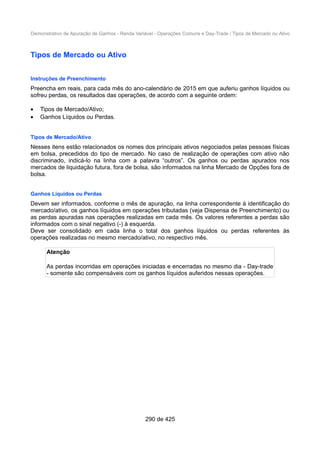 Demonstrativo de Apuração de Ganhos - Renda Variável - Operações Comuns e Day-Trade / Tipos de Mercado ou Ativo
Tipos de Mercado ou Ativo
Instruções de Preenchimento
Preencha em reais, para cada mês do ano-calendário de 2015 em que auferiu ganhos líquidos ou
sofreu perdas, os resultados das operações, de acordo com a seguinte ordem:
• Tipos de Mercado/Ativo;
• Ganhos Líquidos ou Perdas.
Tipos de Mercado/Ativo
Nesses itens estão relacionados os nomes dos principais ativos negociados pelas pessoas físicas
em bolsa, precedidos do tipo de mercado. No caso de realização de operações com ativo não
discriminado, indicá-lo na linha com a palavra “outros”. Os ganhos ou perdas apurados nos
mercados de liquidação futura, fora de bolsa, são informados na linha Mercado de Opções fora de
bolsa.
Ganhos Líquidos ou Perdas
Devem ser informados, conforme o mês de apuração, na linha correspondente à identificação do
mercado/ativo, os ganhos líquidos em operações tributadas (veja Dispensa de Preenchimento) ou
as perdas apuradas nas operações realizadas em cada mês. Os valores referentes a perdas são
informados com o sinal negativo (-) à esquerda.
Deve ser consolidado em cada linha o total dos ganhos líquidos ou perdas referentes às
operações realizadas no mesmo mercado/ativo, no respectivo mês.
Atenção
As perdas incorridas em operações iniciadas e encerradas no mesmo dia - Day-trade
- somente são compensáveis com os ganhos líquidos auferidos nessas operações.
290 de 425
 