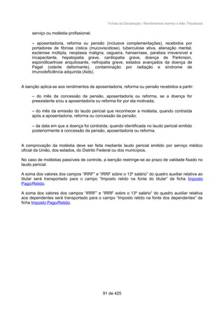 Fichas da Declaração / Rendimentos Isentos e Não Tributáveis
serviço ou moléstia profissional;
– aposentadoria, reforma ou pensão (inclusive complementações), recebidos por
portadores de fibrose cística (mucoviscidose), tuberculose ativa, alienação mental,
esclerose múltipla, neoplasia maligna, cegueira, hanseníase, paralisia irreversível e
incapacitante, hepatopatia grave, cardiopatia grave, doença de Parkinson,
espondiloartrose anquilosante, nefropatia grave, estados avançados da doença de
Paget (osteíte deformante), contaminação por radiação e síndrome de
imunodeficiência adquirida (Aids).
A isenção aplica-se aos rendimentos de aposentadoria, reforma ou pensão recebidos a partir:
– do mês da concessão da pensão, aposentadoria ou reforma, se a doença for
preexistente e/ou a aposentadoria ou reforma for por ela motivada;
– do mês da emissão do laudo pericial que reconhecer a moléstia, quando contraída
após a aposentadoria, reforma ou concessão da pensão;
– da data em que a doença foi contraída, quando identificada no laudo pericial emitido
posteriormente à concessão da pensão, aposentadoria ou reforma.
A comprovação da moléstia deve ser feita mediante laudo pericial emitido por serviço médico
oficial da União, dos estados, do Distrito Federal ou dos municípios.
No caso de moléstias passíveis de controle, a isenção restringe-se ao prazo de validade fixado no
laudo pericial.
A soma dos valores dos campos “IRRF” e “IRRF sobre o 13º salário” do quadro auxiliar relativa ao
titular será transportado para o campo “Imposto retido na fonte do titular” da ficha Imposto
Pago/Retido.
A soma dos valores dos campos “IRRF” e “IRRF sobre o 13º salário” do quadro auxiliar relativa
aos dependentes será transportado para o campo “Imposto retido na fonte dos dependentes” da
ficha Imposto Pago/Retido.
91 de 425
 