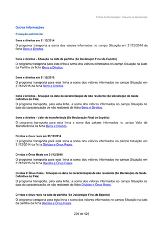 Fichas da Declaração / Resumo da Declaração
Outras Informações
Evolução patrimonial
Bens e direitos em 31/12/2014
O programa transporta a soma dos valores informados no campo Situação em 31/12/2014 da
ficha Bens e Direitos.
Bens e direitos - Situação na data da partilha (Se Declaração Final de Espólio)
O programa transporta para esta linha a soma dos valores informados no campo Situação na Data
da Partilha da ficha Bens e Direitos.
Bens e direitos em 31/12/2015
O programa transporta para esta linha a soma dos valores informados no campo Situação em
31/12/2015 da ficha Bens e Direitos.
Bens e Direitos - Situação na data da caracterização de não residente (Se Declaração de Saída
Definitiva do País)
O programa transporta, para esta linha, a soma dos valores informados no campo Situação na
data da caracterização de não residente da ficha Bens e Direitos.
Bens e direitos - Valor da transferência (Se Declaração Final de Espólio)
O programa transporta para esta linha a soma dos valores informados no campo Valor de
Transferência da ficha Bens e Direitos.
Dívidas e ônus reais em 31/12/2014
O programa transporta para esta linha a soma dos valores informados no campo Situação em
31/12/2014 da ficha Dívidas e Ônus Reais.
Dívidas e Ônus Reais em 31/12/2015
O programa transporta para esta linha a soma dos valores informados no campo Situação em
31/12/2015 da ficha Dívidas e Ônus Reais.
Dívidas E Ônus Reais - Situação na data da caracterização de não residente (Se Declaração de Saída
Definitiva do País)
O programa transporta, para esta linha, a soma dos valores informados no campo Situação na
data da caracterização de não residente da ficha Dívidas e Ônus Reais.
Dívidas e ônus reais na data da partilha (Se Declaração Final de Espólio)
O programa transporta para esta linha a soma dos valores informados no campo Situação na data
da partilha da ficha Dívidas e Ônus Reais.
239 de 425
 