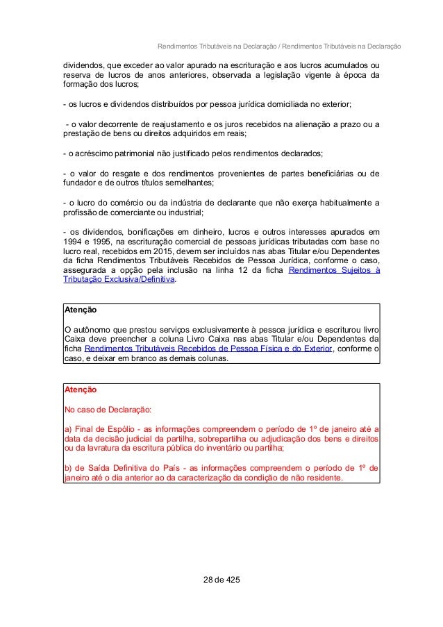 INSTRUÇÕES DE PREENCHIMENTO IRPF 2016