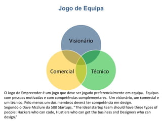 O Jogo de Empreender é um jogo que deve ser jogado preferencialmente em equipa. Equipas
com pessoas motivadas e com competências complementares. Um visionário, um comercial e
um técnico. Pelo menos um dos membros deverá ter competência em design.
Segundo o Dave Mcclure da 500 Startups, “The Ideal startup team should have three types of
people: Hackers who can code, Hustlers who can get the business and Designers who can
design.”
 