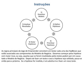 As regras principais do Jogo de Empreender consistem em testar cada uma das hipóteses que
estão associadas aos componentes do Modelo de Negócio. Devemos começar pelas hipótese
com maior risco, ou seja, aquelas que se forem invalidadas pelos testes podem por em causa
todo o Modelo de Negócio. Depois de fazer um teste e caso a hipótese seja validada, passa-se
então para a próxima. Se a hipótese for inválida, é só substitui-la e fazer um novo teste.
 