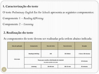 1. Caracterização do teste
O teste Preliminary EnglishTest For Schools apresenta as seguintes componentes:
Componente 1 – Reading &Writing
Componente 2 – Listening
2. Realização do teste
As componentes do teste devem ser realizadas pela ordem abaixo indicada:
Data de aplicação Componente Hora de início Hora de termo Duração
6 de maio
Reading & Writing 14h 15h 30min 1 hora e 30 minutos
Pausa para recolha e distribuição de material
(os alunos mantêm-se na sala)
10 minutos
Listening 15h 40 min 16h 15 min 35 minutos
 