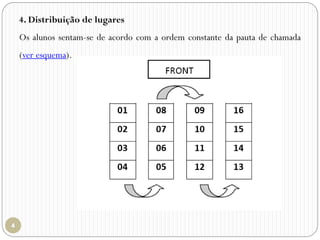 4. Distribuição de lugares
Os alunos sentam-se de acordo com a ordem constante da pauta de chamada
(ver esquema).
 