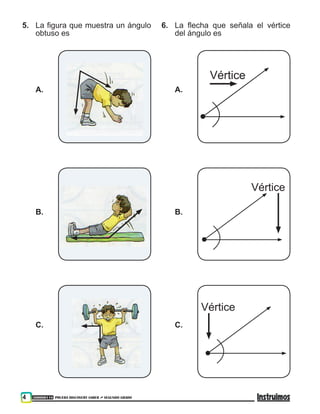 300000118 PRUEBA DISCOVERY SABER ••• SEGUNDO GRADO4
5.	 La figura que muestra un ángulo
obtuso es
A.
B.
C.
6.	 La flecha que señala el vértice
del ángulo es
A.
B.
C.
Vértice
Vértice
Vértice
 