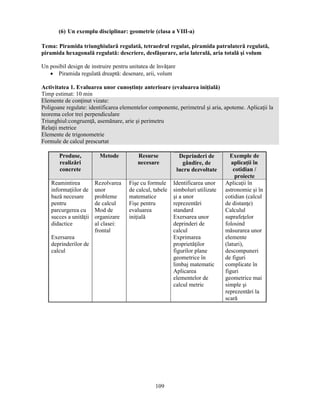 (6) Un exemplu disciplinar: geometrie (clasa a VIII-a) 
Tema: Piramida triunghiulară regulată, tetraedrul regulat, piramida patrulateră regulată, 
piramida hexagonală regulată: descriere, desfăsurare, aria laterală, aria totală si volum 
Un posibil design de instruire pentru unitatea de învăţare 
• Piramida regulată dreaptă: desenare, arii, volum 
Activitatea 1. Evaluarea unor cunostinţe anterioare (evaluarea iniţială) 
Timp estimat: 10 min 
Elemente de conţinut vizate: 
Poligoane regulate: identificarea elementelor componente, perimetrul si aria, apoteme. Aplicaţii la 
teorema celor trei perpendiculare 
Triunghiul:congruenţă, asemănare, arie si perimetru 
Relaţii metrice 
Elemente de trigonometrie 
Formule de calcul prescurtat 
109 
Produse, 
realizări 
concrete 
Metode Resurse 
necesare 
Deprinderi de 
gândire, de 
lucru dezvoltate 
Exemple de 
aplicaţii în 
cotidian / 
proiecte 
Reamintirea 
informaţiilor de 
bază necesare 
pentru 
parcurgerea cu 
succes a unităţii 
didactice 
Exersarea 
deprinderilor de 
calcul 
Rezolvarea 
unor 
probleme 
de calcul 
Mod de 
organizare 
al clasei: 
frontal 
Fise cu formule 
de calcul, tabele 
matematice 
Fise pentru 
evaluarea 
iniţială 
Identificarea unor 
simboluri utilizate 
si a unor 
reprezentări 
standard 
Exersarea unor 
deprinderi de 
calcul 
Exprimarea 
proprietăţilor 
figurilor plane 
geometrice în 
limbaj matematic 
Aplicarea 
elementelor de 
calcul metric 
Aplicaţii în 
astronomie si în 
cotidian (calcul 
de distanţe) 
Calculul 
suprafeţelor 
folosind 
măsurarea unor 
elemente 
(laturi), 
descompuneri 
de figuri 
complicate în 
figuri 
geometrice mai 
simple si 
reprezentări la 
scară 
 