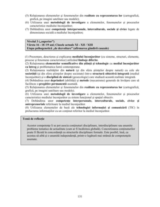 (5) Relaţionarea elementelor si fenomenelor din realitate cu reprezentarea lor (cartografică, 
grafică, pe imagini satelitare sau modele); 
(6) Utilizarea unei metodologii de investigare a elementelor, fenomenelor si proceselor 
Nivelul 3 („superior”) 
Vârsta 16 - 18 /19 ani; Clasele actuale XI - XII / XIII 
Etapa psihogenetică „de dezvoltare” (afirmarea gândirii cauzale) 
131 
caracteristice mediului înconjurător; 
(7) Dobândirea unor competenţe interpersonale, interculturale, sociale si civice legate de 
dimensiunea socială a mediului înconjurător; 
(1) Prezentare, descrierea si explicarea mediului înconjurător (cu sisteme, structuri, elemente, 
procese si fenomene caracteristice) utilizând limbaje diferite. 
(2) Relaţionarea elementelor semnificative din stiinţă si tehnologie cu mediul înconjurător 
ca întreg si problematica lumii contemporane. 
(3) Relaţionarea realităţilor din natură (si din sfera stiinţelor despre natură) cu cele ale 
societăţii (si din sfera stiinţelor despre societate) într-o structură obiectivă integrată (mediul 
înconjurător) si o disciplină de sinteză (geoecologie) care studiază această realitate integrată. 
(4) Dobândirea unor deprinderi (abilităţi) si metode (mecanisme) generale de învăţare care să 
faciliteze o pregătire permanentă asumată. 
(5) Relaţionarea elementelor si fenomenelor din realitate cu reprezentarea lor (cartografică, 
grafică, pe imagini satelitare sau modele). 
(6) Utilizarea unei metodologii de investigare a elementelor, fenomenelor si proceselor 
caracteristice mediului înconjurător ca sistem funcţional si spaţial obiectiv. 
(7) Dobândirea unor competenţe interpersonale, interculturale, sociale, civice si 
antreprenoriale referitoare la mediul înconjurător. 
(8) Utilizarea elementelor de bază ale tehnologiei informaţiei si comunicării (TIC) în 
prelucrarea informaţiilor cu un conţinut referitor la mediul înconjurător. 
Temă de reflecţie 
Acestor competenţe li se pot asocia conţinuturi disciplinare, interdisciplinare sau anumite 
probleme tematice de actualitate (cum ar fi încălzirea globală). Concretizarea conţinuturilor 
poate fi făcută în concordanţă cu structurile disciplinare formale. Este posibil, însă, ca 
acestea să aibă si o anumită independenţă, printr-o legătură mai strânsă de competenţele 
asumate. 
 
