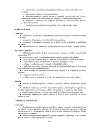 • manifestarea voinţei de a participa la luarea de decizii democratice de la toate 
nivelurile 
• manifestarea unui simţ al responsabilităţilor 
• demonstrare modului cum sunt înţelese si al modului cum sunt respectate valorile 
comune care sunt necesare coeziunii sociale, ca respect al principiilor democratice 
• implicarea în activităţi civice, susţinerea diversităţii si a coeziunii sociale, precum 
si a dezvoltării durabile 
• manifestarea respectului pentru valorile si pentru viaţa privată a altora 
137 
6. A învăţa să înveţi 
Cunostinţe 
• competenţele, cunostinţele, deprinderile si calificările solicitate de o anumită activitate 
sau carieră 
• cunoasterea si înţelegerea strategiilor de învăţare preferate 
• cunoasterea si înţelegerea punctelor tari si slabe privind aptitudinile si calificările 
personale 
• capacitatea de a căuta oportunităţi de formare si de consiliere pentru carieră si educaţie 
Deprinderi / aptitudini 
• dobândirea alfabetizărilor de bază necesare pentru continuarea învăţării: scrisul, cititul, 
numeraţia si TIC 
• accesarea, procesarea si asimilarea de noi cunostinţe si aptitudini (deprinderi) 
• a avea o gestiune eficientă proprie a învăţării, a carierei si a activităţii profesionale 
• a persevera în învăţare, a se concentra pe perioade prelungite de timp 
• a reflecta în mod critic asupra obiectului si finalităţii învăţării 
• a atribui un timp pentru învăţarea autonomă, dovedind autodisciplină, ca si activitate 
în echipă în cadrul unui proces de învăţare 
• a obţine avantaje din participarea sa la un grup eterogen si de a împărtăsi achiziţiile 
învăţării 
• a organiza propria sa învăţare 
• a evalua propria sa muncă, iar în caz de esec, a căuta sfaturi, informaţii si ajutor 
Atitudini 
• motivaţia si încrederea pentru a continua si a reusi în învăţarea pe parcursul întregii 
vieţi 
• atitudinea centrată pe rezolvarea de probleme pentru a sprijini procesul propriu de 
învăţăre si capacitatea individului de a înlătura obstacolele si de a gestiona schimbarea 
• manifestarea dorinţei de a exploata experienţele de învăţare si experienţele de viaţă 
• exploatarea oportunităţilor pentru învăţare si pentru a aplica achiziţiile în diverse 
situaţii de viaţă 
7. Iniţiativă si antreprenoriat 
Cunostinţe 
• identificarea oportunităţilor pentru activităţi cu scopuri personale, profesionale si/ sau 
de afaceri (inclusiv aspectele referitoare la viziunea de ansamblu care sunt revelatoare 
pentru contextul în care persoanele trăiesc si muncesc, ca o modalitate de înţelegere largă a 
mecanismelor economiei) 
• identificarea oportunităţilor pentru un angajat sau pentru o organizaţie, ca si a mizelor 
pe care acestea ar trebui să le pună în evidenţă 
 