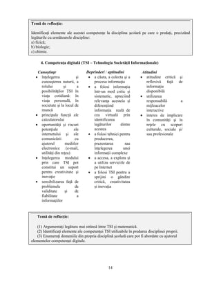 4. Competenţa digitală (TSI – Tehnologia Societăţii Informaţionale) 
14 
Cunostinţe 
• înţelegerea si 
cunoasterea naturii, a 
rolului si a 
posibilităţilor TSI în 
viaţa cotidiană: în 
viaţa personală, în 
societate si la locul de 
muncă 
• principale funcţii ale 
calculatorului 
• oportunităţi si riscuri 
potenţiale ale 
internetului si ale 
comunicării cu 
ajutorul mediilor 
electronice (e-mail, 
utilităţi din reţea) 
• înţelegerea modului 
prin care TSI pot 
constitui un suport 
pentru creativitate si 
inovaţie 
• sensibilizarea faţă de 
problemele de 
validitate si de 
fiabilitate a 
informaţiilor 
Deprinderi / aptitudini 
• a căuta, a colecta si a 
procesa informaţia 
• a folosi informaţia 
într-un mod critic si 
sistematic, apreciind 
relevanţa acesteia si 
diferenţiind 
informaţia reală de 
cea virtuală prin 
identificarea 
legăturilor dintre 
acestea 
• a folosi tehnici pentru 
producerea, 
prezentarea sau 
înţelegerea unei 
informaţii complexe 
• a accesa, a explora si 
a utiliza serviciile de 
pe Internet 
• a folosi TSI pentru a 
sprijini o gândire 
critică, creativitatea 
si inovaţia 
Atitudini 
• atitudine critică si 
reflexivă faţă de 
informaţia 
disponibilă 
• utilizarea 
responsabilă a 
mijloacelor 
interactive 
• interes de implicare 
în comunităţi si în 
reţele cu scopuri 
culturale, sociale si/ 
sau profesionale 
Temă de reflecţie: 
Identificaţi elemente ale acestei competenţe la disciplina scolară pe care o predaţi, precizând 
legăturile cu următoarele discipline: 
a) fizică; 
b) biologie; 
c) chimie. 
Temă de reflecţie: 
(1) Argumentaţi legătura mai strânsă între TSI si matematică. 
(2) Identificaţi elemente ale competenţei TSI utilizabile în predarea disciplinei proprii. 
(3) Enumeraţi domeniile din propria disciplină scolară care pot fi abordate cu ajutorul 
elementelor competenţei digitale. 
 