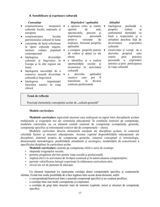 Precizaţi elementele conceptului scolar de „cultură generală” 
17 
8. Sensibilizare si exprimare culturală 
Cunostinţe 
• constientizarea mostenirii 
culturale locale, naţionale si 
europene 
• constientizarea locului 
patrimoniului cultural în lume 
• cunostinţe de bază referitoare 
la opere culturale majore, 
inclusiv cultura populară 
contemporană 
• înţelegerea diversităţii 
culturale si lingvistice în 
Europa si în alte regiuni ale 
lumii 
• înţelegerea necesităţii de a 
conserva această diversitate 
culturală si lingvistică 
• înţelegerea importanţei 
factorilor estetici în viaţa 
zilnică 
Deprinderi / aptitudini 
• a aprecia critic si estetic 
operele de artă, 
spectacolele, precum si 
exprimarea personală 
printr-o varietate de 
mijloace, folosind propriile 
aptitudini 
• a compara propriile puncte 
de vedere si opinii cu ale 
altora 
• a identifica si a realiza 
oportunităţile sociale si 
economice în activitatea 
culturală 
• a dezvolta aptitudini 
creative care pot fi 
transferate în diverse 
contexte profesionale 
Atitudini 
• înţelegerea profundă a 
propriei culturi si 
sentimentul identităţii ca 
bază a respectului si a 
atitudinii deschise faţă de 
diversitatea exprimării 
culturale 
• creativitate si voinţă de a 
dezvolta propriul sens 
estetic prin practica 
personală a exprimării 
artistice si prin participarea 
la viaţa culturală 
Temă de reflecţie 
Modele curriculare 
Modelele curriculare reprezintă structuri care realizează un raport între disciplinele scolare 
tradiţionale si exigenţele noi ale sistemului educaţional. În condiţiile instruirii pe competenţe, 
modelele curriculare au ca element central sistemul de competenţe (competenţe generale, 
competenţe specifice si referenţialul exterior dat de competenţele – cheie). 
Modelele curriculare descriu elementele esenţiale ale disciplinei scolare, în contextul 
celorlalţi factori si structuri educaţionale. Acestea cuprind disponibilităţile educaţionale ale 
disciplinei, sistemul propriu de competenţe generale, sistemul conceptual si terminologic, 
dimensiunile metodologice, posibilităţile atitudinale si axiologice, modalităţile de concretizare a 
specificului disiplinei în curriculum scolar. 
Modelele curriculare centrate pe competenţe oferă o serie de avantaje: 
• răspunde exigenţelor sociale; 
• permite pregătirea elevilor pentru viaţa socială si profesională; 
• implică elevii în activitatea de învăţare continuă si în autoevaluarea competenţelor; 
• permite valorificarea întregii experienţe în elaborarea curriculum-ului; 
• elevul are rol de partener în educaţie; 
Un element important l-a reprezentat corelaţia dintre competenţele specifice si conţinuturile 
ofertate. Există mai multe posibilităţi de a face legătura între aceste două elemente, astfel: 
- o corespondenţă biunivocă între o anumită competenţă specifică si un conţinut predilect; 
- o corelaţie între mai multe coompetenţe si conţinuturi; 
- o corelaţie de grup între structuri mari de instruire (capitole, teme) si structuri de competenţe 
specifice. 
 