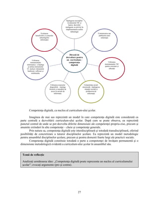 Competenţa digitală, ca nucleu al curriculum-ului scolar. 
Comunicarea sau 
publicarea unei 
Imaginea de mai sus reprezintă un model în care competenţa digitală este considerată ca 
parte centrală a dezvoltării curriculum-ului scolar. După cum se poate observa, ea reprezintă 
punctul central de unde se pot dezvolta diferite dimensiuni ale competenţei propriu-zise, precum si 
anumite extinderi în alte competenţe – cheie si competenţe generale. 
Prin natura sa, competenţa digitală este interdisciplinară si totodată transdisciplinară, oferind 
posibilităţi de concretizare a tuturor disciplinelor scolare. Ea reprezintă un model metodologic 
pentru ansamblul disciplinelor scolare, precum si pentru domenii foarte largi ale practicii sociale. 
Competenţa digitală constituie totodată o parte a competenţei de învăţare permanentă si o 
dimensiune metodologică evidentă a curriculum-ului scolar în ansamblul său. 
27 
Evaluarea 
beneficiilor si costurilor 
tehnologiilor 
informaţiei 
Utilizarea 
instrumentelor 
informatice– a înţelege 
si utiliza instrumente 
IT, inclusiv elementele 
hardware, software si 
multimedia. 
Utilizarea resurselor 
disponibile –înţelege 
formele si metodele de 
acces la sursele de 
informaţie. 
Competenţa social-structurală 
- înţelegerea 
situaţiei sociale si 
producerea de 
informaţie 
Utilizarea 
instrumentelor TIC 
pentru cercetare si 
educaţie 
informaţii 
Înţelegerea inovaţiilor 
în domeniul TIC si 
luarea deciziilor 
inteligente cu privire la 
implementarea noilor 
tehnologii 
Direcţii de 
dezvoltare pentru 
un curriculum - 
competenţa 
digitală 
Temă de reflecţie 
Analizaţi următoarea idee: „Competenţa digitală poate reprezenta un nucleu al curriculumului 
scolar”; evocaţi argumente (pro si contra). 
 