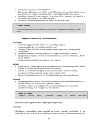 • manifestarea unui simţ al responsabilităţilor; 
• demonstrare modului cum sunt înţelese si al modului cum sunt respectate valorile comune 
care sunt necesare coeziunii unei colectivităţi, ca respect al principiilor democratice; 
• participarea constructivă prin angajarea în activităţi civice, susţinerea diversităţii si a 
coeziunii sociale, precum si a dezvoltării durabile; 
• manifestarea respectului pentru valorile si pentru viaţa privată a altora. 
Temă de reflecţie 
Argumentaţi influenţa acestor competenţe formate în scoală asupra evoluţiei societăţii în 
viitor. 
(2) Competenţa sensibilitate si exprimare culturală 
Temă de reflecţie 
Analizaţi raportul dintre exprimarea culturală si vocaţia individuală. 
42 
Cunostinţe 
• constientizarea patrimoniului cultural local, naţional si european; 
• constientizarea locului patrimoniului cultural în lume; 
• cunostinţe de bază referitoare la opere culturale majore, printre care, cultura populară 
contemporană; 
• înţelegerea diversităţii culturale si lingvistice în Europa si în alte regiuni ale lumii ; 
• înţelegerea necesităţii de a conserva diversitatea culturală si lingvistică din Europa si din alte 
regiuni ale lumii ; 
• înţelegerea importanţei factorilor estetici în viaţa obisnuită. 
Abilităţi 
• a aprecia critic si estetic operele de artă si spectacolele ca si exprimarea personală printr-o 
varietate de mijloace, folosind propriile aptitudini înnăscute; 
• a repera si a transfera posibilităţile sociale si economice într-o activitate culturală; 
• a compara propriile sale opinii si expresii creatoare cu ale altora; 
• a dezvolta aptitudini creative care pot fi transferate în diverse contexte profesionale . 
Atitudini 
• înţelegerea profundă a propriei sale culturi si sentimentul identităţii ca bază a respectului si a 
atitudinii deschise faţă de diversitatea exprimării culturale; 
• creativitate, voinţă de a dezvolta propriul său sens estetic prin practica personală a 
exprimării artistice si prin participarea la viaţa culturală. 
(3) Domeniul de competenţe cheie iniţiativă si antreprenoriat 
Cunostinţe 
• identificarea oportunităţilor pentru activităţi cu scopuri personale, profesionale si/ sau 
comerciale (inclusiv aspectele de cea mai mare amploare care sunt revelatoare pentru contextul 
 