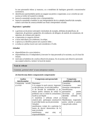 în care persoanele trăiesc si muncesc, ca o modalitate de înţelegere generală a mecanismelor 
economiei); 
• identificarea oportunităţilor pentru un angajat sau pentru o organizaţie, ca si a mizelor pe care 
43 
acestea ar trebui să le pună în evidenţă; 
• luarea la cunostinţă a poziţiei etice a întreprinderilor; 
• luarea la cunostinţă a modului în care întreprinderile devin o pârghie benefică (de exemplu, 
având o activitate de comerţ echitabil sau fiind o întreprindere socială). 
Deprinderi / aptitudini 
• a gestiona un de proiect anticipativ (incluzând, de exemplu, abilitatea de planificare, de 
organizare, de gestiune a grupurilor, de conducere, de delegare, de analiză, de comunicare, de 
raportare, de evaluare prin raport); 
• a reprezenta si a negocia eficient; 
• a lucra individual si în colaborare, în echipe; 
• a aprecia si a identifica puncte tari si puncte slabe ; 
• a evalua si a prelua riscuri care sunt considerate a fi utile. 
Atitudini 
• disponibilitate de a avea iniţiative; 
• disponibilitate de a fi independent si inovator în viaţa personală si în societate, ca si la locul de 
muncă; 
• motivaţia si hotărârea de a realiza obiectivele propuse, fie că acestea sunt obiective personale 
sau scopuri colective, inclusiv la locul de muncă. 
(4) Interferenţa dintre componentele competenţelor 
Analiza 
interferenţelor 
Competenţa antreprenorială Competenţa 
sensibilizare culturală 
Competenţa socială 
si civică 
Deprinderi: 
A se angaja în mod concret, împreună 
cu alte persoane, în activităţi publice 
A da dovadă de solidaritate si de 
interes pentru căutarea de soluţii la 
probleme care se referă la comunitatea 
locală si cea lărgită 
A manifesta o reflecţie critică si 
creativă prin participare constructivă 
la activităţi locale sau de proximitate 
Atitudini: 
manifestarea voinţei de a participa la 
luarea de decizii democratice de la 
toate nivelurile 
manifestarea unui simţ al 
responsabilităţilor 
Cunostinţe: 
Cunoasterea unor 
fenomene contemporane 
Sensibilizarea 
persoanelor pentru 
diversitate si pentru 
identităţi culturale în 
Europa 
Manifestarea respectului 
pentru valorile si pentru 
viaţa privată a altora 
Temă de reflecţie 
Construiţi „portretul robot” al unui antreprenor modern. 
 
