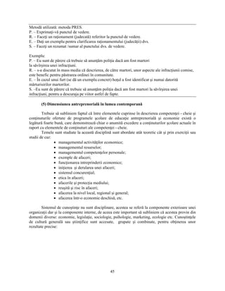 Metodă utilizată: metoda PRES. 
P. – Exprimaţi-vă punctul de vedere. 
R. – Faceţi un raţionament (judecată) referitor la punctul de vedere. 
E. – Daţi un exemplu pentru clarificarea raţionamentului (judecăţii) dvs. 
S. – Faceţi un rezumat /sumar al punctului dvs. de vedere. 
Exemplu: 
P. – Eu sunt de părere că trebuie să anunţăm poliţia dacă am fost martori 
la săvîrsirea unei infracţiuni. 
R. – s-a discutat în mass media că descrierea, de către martori, unor aspecte ale infracţiunii comise, 
este benefic pentru păstrarea ordinei în comunitate. 
E. – În cazul unui furt (se dă un exemplu concret) hoţul a fost identificat si numai datorită 
mărturisirilor martorilor. 
S. –Eu sunt de părere că trebuie să anunţăm poliţia dacă am fost martori la săvîrsirea unei 
infracţiuni, pentru a descuraja pe viitor astfel de fapte. 
(5) Dimensiunea antreprenorială în lumea contemporană 
Trebuie să subliniem faptul că între elementele cuprinse în descrierea competenţei - cheie si 
conţinuturile ofertate de programele scolare de educaţie antreprenorială si economie există o 
legătură foarte bună, care demonstrează chiar o anumită excedere a conţinuturilor scolare actuale în 
raport cu elementele de conţinuturi ale competenţei - cheie. 
Temele sunt studiate la această disciplină sunt abordate atât teoretic cât si prin exerciţii sau 
45 
studii de caz: 
• managementul activităţilor economice; 
• managementul resurselor; 
• managementul competenţelor personale; 
• exemple de afaceri; 
• funcţionarea intreprinderii economice; 
• iniţierea si derularea unei afaceri; 
• sistemul concurenţial; 
• etica în afaceri; 
• afacerile si protecţia mediului; 
• reusită si risc în afaceri; 
• afacerea la nivel local, regional si general; 
• afacerea într-o economie deschisă, etc. 
Sistemul de cunostinţe nu sunt disciplinare, acestea se referă la componente exterioare unei 
organizaţii dar si la componente interne, de aceea este important să subliniem că acestea provin din 
domenii diverse: economie, legislaţie, sociologie, psihologie, marketing, ecologie etc. Cunostinţele 
de cultură generală sau stiinţifice sunt accesate, grupate si combinate, pentru obţinerea unor 
rezultate precise: 
 