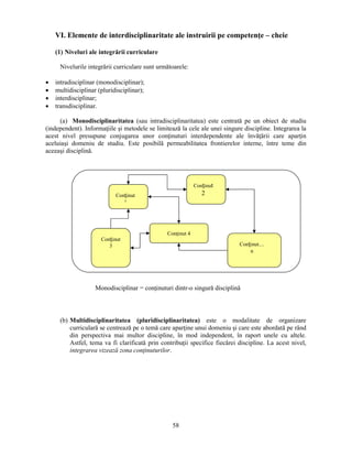 VI. Elemente de interdisciplinaritate ale instruirii pe competenţe – cheie 
Conţinut 4 
Monodisciplinar = conţinuturi dintr-o singură disciplină 
58 
(1) Niveluri ale integrării curriculare 
Nivelurile integrării curriculare sunt următoarele: 
• intradisciplinar (monodisciplinar); 
• multidisciplinar (pluridisciplinar); 
• interdisciplinar; 
• transdisciplinar. 
(a) Monodisciplinaritatea (sau intradisciplinaritatea) este centrată pe un obiect de studiu 
(independent). Informaţiile si metodele se limitează la cele ale unei singure discipline. Integrarea la 
acest nivel presupune conjugarea unor conţinuturi interdependente ale învăţării care aparţin 
aceluiasi domeniu de studiu. Este posibilă permeabilitatea frontierelor interne, între teme din 
aceeasi disciplină. 
Conţinut 
1 
Conţinut 
2 
Conţinut 
3 
Conţinut.... 
n 
(b) Multidisciplinaritatea (pluridisciplinaritatea) este o modalitate de organizare 
curriculară se centrează pe o temă care aparţine unui domeniu si care este abordată pe rând 
din perspectiva mai multor discipline, în mod independent, în raport unele cu altele. 
Astfel, tema va fi clarificată prin contribuţii specifice fiecărei discipline. La acest nivel, 
integrarea vizează zona conţinuturilor. 
 