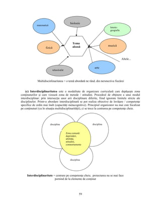 Tema 
aleasă 
(c) Interdisciplinaritatea este o modalitate de organizare curriculară care depăseste zona 
conţinuturilor si care vizează zona de metode / atitudini. Procedeul de obţinere a unui modul 
interdisciplinar: prin intersecţia unor arii disciplinare diferite, fiind ignorate limitele stricte ale 
disciplinelor. Printr-o abordare interdisciplinară se pot realiza obiective de învăţare / competenţe 
specifice de ordin mai înalt (capacităţi metacognitive). Principiul organizator nu mai este focalizat 
pe conţinuturi (ca în situaţia multidisciplinarităţii), ci se trece la centrarea pe competenţe cheie. 
disciplina disciplina 
Zona comună: 
deprinderi, 
abilităţi, 
atitudini, 
comportamente 
disciplina 
Interdisciplinaritate = centrare pe competenţe cheie, proiectarea nu se mai face 
pornind de la elemente de conţinut 
59 
matematică 
biologie 
fizică 
tehnologie 
arte 
Istorie-geografie 
muzică 
Altele... 
Multidisciplinaritatea = o temă abordată pe rând, din perspectiva fiecărei 
 