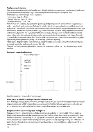 10
Podłączenie do komina
Piec wolnostojący powinien być podłączony do indywidualnego przewodu kominowego(spalinowe-
go). Określenie minimalnego ciągu kominowego dla nominalnej mocy cieplnej [Pa]:
Wielkość ciągu kominowego winna wynosić:
- minimalny ciąg - 6 ± 1 Pa;
- średni, zalecany ciąg - 12 ± 2 Pa;
- maksymalny ciąg - 15 ± 2 Pa.
Komin musi być szczelny, a jego ścianki gładkie, przed podłączeniem powinien być oczyszczony z
sadzy i wszelkich zanieczyszczeń. Połączenie między kominem a urządzeniem, musi być szczelne i
wykonane z niepalnych materiałów, zabezpieczone przed utlenianiem (np. emaliowana stalowa rura
kominowa). Jeśli komin wytwarza słaby ciąg należy rozważyć ułożenie nowych przewodów. Ważne
jest również, by komin nie wytwarzał nadmiernego ciągu, należy wtedy zainstalować stabilizator
ciągu w kominie. Alternatywą są też specjalne zakończenia komina regulujące siłę ciągu. Kontrolę
przewodu kominowego należy zlecić mistrzowi kominiarskiemu, a ewentualne przeróbki mogą być
wykonane przez uprawnioną firmę, tak by zostały spełnione wymogi.
Podłączenie do przewodów komina należy przeprowadzić zgodnie z normą. Minimalna efektywna
wysokość kominów spalinowych wynosi 4-6 mb.
Długość podłączeniem urządzenia do komina nie powinna przekraczać 1/4 całkowitej wysokości
komina.
Przewód kominowy
Przykłady łączenia z kominem
czyszczak
średnica łączenia z przewodem kominowym
zaprawa
rozeta
materiał
niepalny
Wentylacja w pomieszczeniu gdzie zainstalowano piec
Piec do swojej pracy zużywa powietrze, dlatego wymagane jest zapewnienie odpowiedniej wentyla-
cji pomieszczenia, w którym zainstalowano urządzenie. Kratki wlotowe systemu wentylacyjnego
w pomieszczeniu powinny być zabezpieczone przed samoczynnym zamykaniem.
Bezpieczeństwo ustawienie pieca - odległości
Koza powinna być ustawiona na podłożu niepalnym o grubości co najmniej 20-30 mm, podłoga
łatwo zapalna przed drzwiczkami ogrzewacza powinna być zabezpieczona pasem materiału niepa-
lnego o szerokości co najmniej 30 cm, (np. płytki ceramiczne, gresowe, kamień, podstawa szklana
lub stalowa). Koza oraz elementy przyłączeniowe systemu wylotu spalin powinny być oddalone od
palnych, nieosłoniętych części konstrukcyjnych budynku co najmniej 60 cm, a od osłoniętych co
najmniej 20 cm.
 