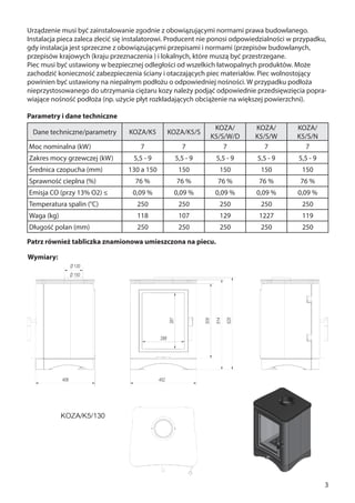 3
Parametry i dane techniczne
Patrz również tabliczka znamionowa umieszczona na piecu.
Dane techniczne/parametry KOZA/K5 KOZA/K5/S
KOZA/
K5/S/W/D
KOZA/
K5/S/W
KOZA/
K5/S/N
Moc nominalna (kW) 7 7 7 7 7
Zakres mocy grzewczej (kW) 5,5 - 9 5,5 - 9 5,5 - 9 5,5 - 9 5,5 - 9
Średnica czopucha (mm) 130 a 150 150 150 150 150
Sprawność cieplna (%) 76 % 76 % 76 % 76 % 76 %
Emisja CO (przy 13% O2) ≤ 0,09 % 0,09 % 0,09 % 0,09 % 0,09 %
Temperatura spalin (°C) 250 250 250 250 250
Waga (kg) 118 107 129 1227 119
Długość polan (mm) 250 250 250 250 250
Urządzenie musi być zainstalowanie zgodnie z obowiązującymi normami prawa budowlanego.
Instalacja pieca zaleca zlecić się instalatorowi. Producent nie ponosi odpowiedzialności w przypadku,
gdy instalacja jest sprzeczne z obowiązującymi przepisami i normami (przepisów budowlanych,
przepisów krajowych (kraju przeznaczenia ) i lokalnych, które muszą być przestrzegane.
Piec musi być ustawiony w bezpiecznej odległości od wszelkich łatwopalnych produktów. Może
zachodzić konieczność zabezpieczenia ściany i otaczających piec materiałów. Piec wolnostojący
powinien być ustawiony na niepalnym podłożu o odpowiedniej nośności. W przypadku podłoża
nieprzystosowanego do utrzymania ciężaru kozy należy podjąć odpowiednie przedsięwzięcia popra-
wiające nośność podłoża (np. użycie płyt rozkładających obciążenie na większej powierzchni).
Wymiary:
 
