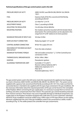 52
The gas control system used in the LEO series meets the requirements for appliances burning gase-
ous fuels in Directives 2009/142/EEC and DIN EN 298, DIN EN 126, DIN EN 13611. The system can be
supplied with a gaseous fuel, second and third family according to EN- 437. First, make sure that the
connected device is intended to be supplied with the type of gas contained in the gas installation. All
the necessary information about the required parameters of the gas can be found on the nameplate
of the fireplace. Before connecting the gas supply pipes, it is necessary to purge them to remove me-
tal filings and other contaminants from their interior. The automatic gas control should be protected
from moisture and dust. These factors may cause irreparable damage to individual components. Gas
supply pipes to the fireplace should be equipped with a ball valve of 1⁄2 inch in diameter. Individual
elements of gas installation cannot be sealed using a Teflon tape or PTFE tape (Please use the sealing
elements supplied with the unit). If the gas installation needs to be connected to a settler, install it
according to Fig. 10. The settler protects the controller from gas contaminants.
PRESSURE DROP/CAP ACITY 2009/142/EEC oraz DIN EN 298, DIN EN 126, DIN EN
13611
FUEL Gaseous fuels of the first, second and third family,
according to EN-437
PRESSURE DROP/CAP ACITY 2,5 mbar for 1,2 m3
/h
ADJUSTMENT RANGE Class C, according to EN 88
ADJUSTING THE REGULATOR 5 to 40 mbar (50 do 400 kPa)
MOUNTING POSITION the module cannot be mounted with the breaker block
downwards. The control position can be adjusted in the
range from 0° to 90° relative to its home position
MAXIMUM PRESSURE OF INPUT GAS 50 mbar (5 kPa)
MAIN GAS INLET CONNECTION Reducing nipple 1/2‘‘ na 3/8‘‘
CONTROL BURNER CONNECTION M10x1 for a pipe of 6 mm
DISCHARGE OF THE MAIN GAS INLET
AND OUTLET
From the side or bottom
MAXIMUM TIGHTENING TORQUE nlet and outlet connection 3
/8
“: 35 Nm Control burner
connection:15 Nm
THERMOCOUPLE /BREAKER BLOCK M10x1, M9x1, M8x1
IGNITION Piezoelectric ignition
ALLOWABLE TEMPERATURE LIMIT Controller: 0 °C to 80 °C
Receiver without batteries: 80 °C
Odbiornik z bateriami: 55 °C
Pilot: 60 °C
Przewód zapłonowy: 150 °C
Technical specifications of the gas control system used in the LEO
 