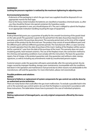 71
WARNING!!!
Locking the pressure regulator is realized by the maximum tightening its adjusting screw.
Environmental protection
•	ll elements of the packaging in which the gas insert was supplied should be disposed of in an
appropriate manner for their type.
•	Due to the heavy metal included, the batteries are classified as hazardous chemical waste, so, after
use, they should be thrown into special containers for hazardous waste.
•	If the device operation is over, you should dispose of it. The user is obliged to submit the fireplace
to an appropriate institution handling recycling this type of equipment.
Guarantee
Kratki.pl Marek Bal grants you a guarantee of quality for the smooth functioning of the goods listed
on the sales proof. The guarantee is given for the period from the date of purchase (based on the
warranty card and/or the purchase document. The warranty period starts at the time of the original
purchase of the product by the first end user. The product may consist of several different parts and
the different parts will have different guarantee periods. The manufacturer offers a 2-year warranty
for smooth operation from the date of purchase of the insert. Sealing of the fireplace will be warran-
ted for a period of 1 year from the date of the purchase of the insert. The warranty does not cover:
insulating panels, heat-resistant ceramics. The use of the fireplace insert, the connection method to
the chimney and operating conditions must comply with the instructions. The basis for guarantee
repairs, free of charge, is the product guarantee card. Any guarantee card without a date, stamps,
signatures, as well as including any amendments made by unauthorized persons expires.
Customer powers under the guarantee will expire automatically: after the warranty period. Any da-
mages caused by improper handling, storage, poor maintenance, incompatible with the conditions
laid down in the operation and maintenance manual and due to other reasons not attributable to the
manufacturer, will void the guarantee. For more information, please visit www.kratki.pl.
Possible problems and solutions
NOTE!!!
Removal of defects or replacement of system components for gas control can only be done by
an authorized service technician.
There are many factors that could affect the gas insert malfunction. To exclude a possible fault in the
unit or the automatic gas control system, be sure that the fireplace is connected in accordance with
these instructions. The table below shows how to proceed in the case of individual symptoms.
NOTE!!!
Making replacement of damaged parts, use only original components offered by the manu-
facturer.
 
