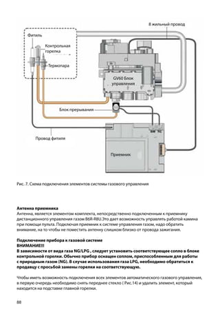 88
Рис. 7. Схема подключения элементов системы газового управления
Антенна приемника
Антенна, является элементом комплекта, непосредственно подключенным к приемнику
дистанционного управления газом B6R-R8U.Это дает возможность управлять работой камина
при помощи пульта. Подключая приемник к системе управления газом, надо обратить
внимание, на то чтобы не поместить антенну слишком близко от провода зажигания.
Подключение прибора к газовой системе
ВНИМАНИЕ!!!
В зависимости от вида газа NG/LPG , следует установить соответствующее сопло в блоке
контрольной горелки. Обычно прибор оснащен соплом, приспособленным для работы
с природным газом (NG). В случае использования газа LPG, необходимо обратиться к
продавцу с просьбой замены горелки на соответствующую.
Чтобы иметь возможность подключения всех элементов автоматического газового управления,
в первую очередь необходимо снять переднее стекло ( Рис.14) и удалить элемент, который
находится на подставке главной горелки.
Фитиль
Контрольная
горелка
Термопара
8 жильный провод
Блок прерывания
Провод фитиля
Приемник
GV60 Блок
управления
 