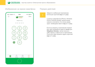 Изображение на экране смартфона
– партнер проекта «Электронная карта в образовании»
Порядок действий:
1
Зайдите в мобильное приложение,
используя короткий код из 5 цифр.
У разных смартфонов (iPhone, Windows
Phone, Android) дизайн экрана входа
немного отличается. Но логика везде
одна: необходимо ввести код из 5 цифр.
Если вы входите в приложение первый
раз, вам понадобится ввести логин для
Сбербанк Онлайн, затем получить
СМС-пароль и ввести его в приложение.
После вы сами сможете задать короткий
код из 5 цифр.
 