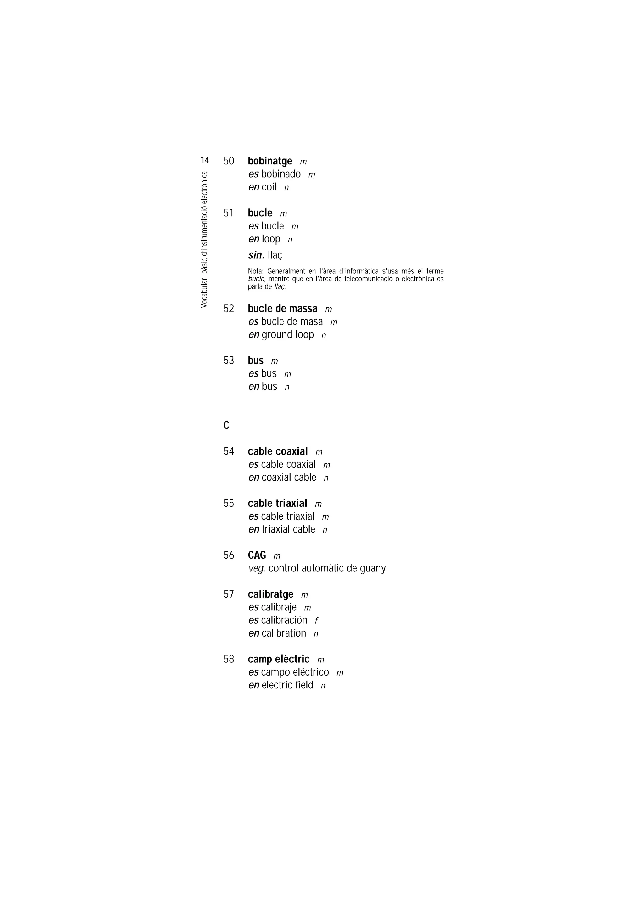Servei de Llengües i Terminologia
UNIVERSITAT POLITÈCNICA DE CATALUNYA




                    14                                              50   bobinatge m
                                                                         es bobinado m

                    Vocabulari bàsic d’instrumentació electrònica
                                                                         en coil n

                                                                    51   bucle m
                                                                         es bucle m
                                                                         en loop n
                                                                         sin. llaç
                                                                         Nota: Generalment en l'àrea d'informàtica s'usa més el terme
                                                                         bucle, mentre que en l'àrea de telecomunicació o electrònica es
                                                                         parla de llaç.


                                                                    52   bucle de massa m
                                                                         es bucle de masa m
                                                                         en ground loop n

                                                                    53   bus m
                                                                         es bus     m
                                                                         en bus     n



                                                                    C

                                                                    54   cable coaxial m
                                                                         es cable coaxial m
                                                                         en coaxial cable n

                                                                    55   cable triaxial m
                                                                         es cable triaxial m
                                                                         en triaxial cable n

                                                                    56   CAG m
                                                                         veg. control automàtic de guany

                                                                    57   calibratge m
                                                                         es calibraje m
                                                                         es calibración f
                                                                         en calibration n

                                                                    58   camp elèctric m
                                                                         es campo eléctrico          m
                                                                         en electric field n
 