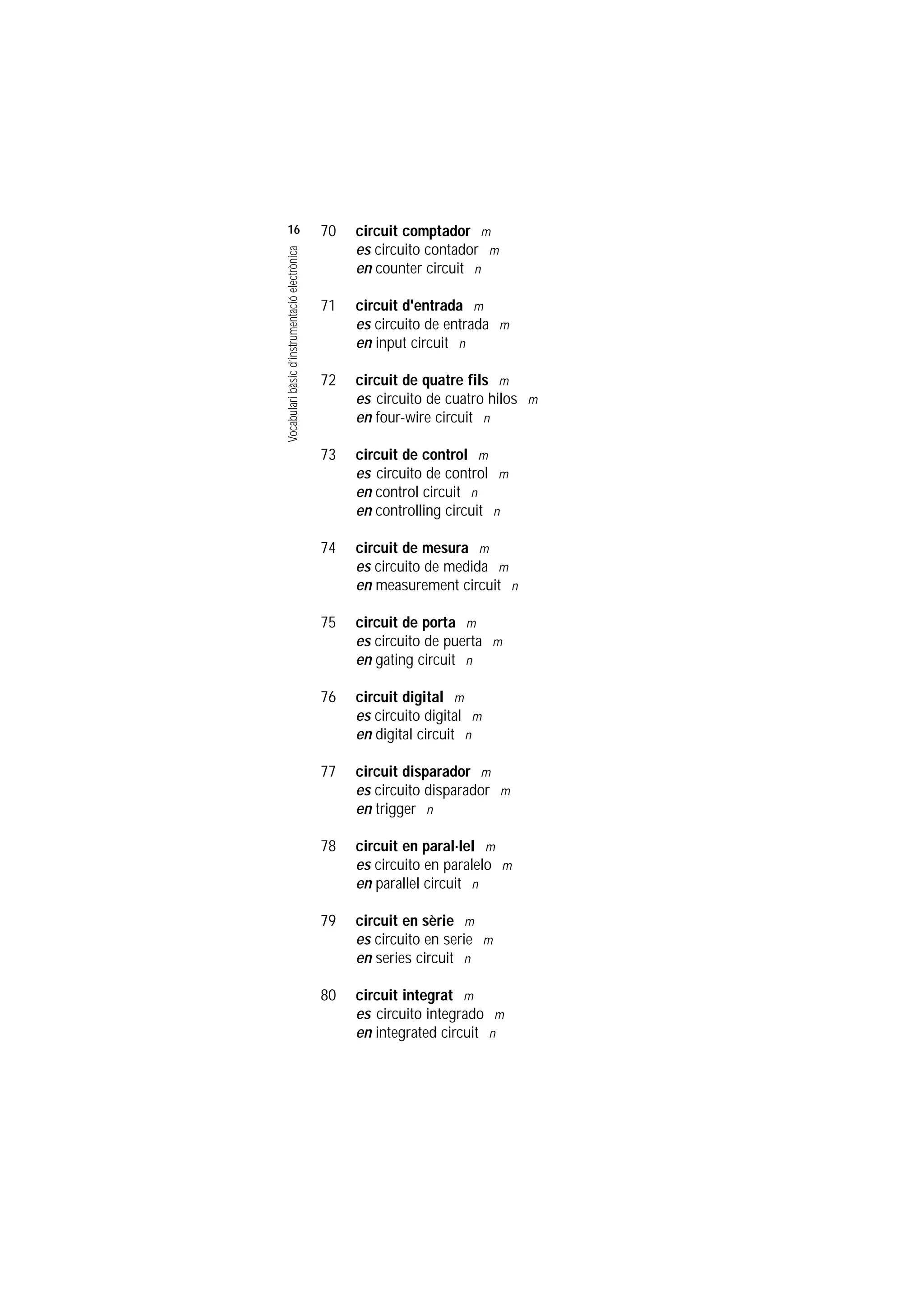 Servei de Llengües i Terminologia
UNIVERSITAT POLITÈCNICA DE CATALUNYA




                    16                                              70   circuit comptador m
                                                                         es circuito contador m

                    Vocabulari bàsic d’instrumentació electrònica
                                                                         en counter circuit n

                                                                    71   circuit d'entrada m
                                                                         es circuito de entrada      m
                                                                         en input circuit n

                                                                    72   circuit de quatre fils m
                                                                         es circuito de cuatro hilos         m
                                                                         en four-wire circuit n

                                                                    73   circuit de control m
                                                                         es circuito de control      m
                                                                         en control circuit n
                                                                         en controlling circuit      n

                                                                    74   circuit de mesura m
                                                                         es circuito de medida m
                                                                         en measurement circuit n

                                                                    75   circuit de porta m
                                                                         es circuito de puerta    m
                                                                         en gating circuit n

                                                                    76   circuit digital m
                                                                         es circuito digital m
                                                                         en digital circuit n

                                                                    77   circuit disparador m
                                                                         es circuito disparador          m
                                                                         en trigger n

                                                                    78   circuit en paral.lel m
                                                                         es circuito en paralelo         m
                                                                         en parallel circuit n

                                                                    79   circuit en sèrie m
                                                                         es circuito en serie    m
                                                                         en series circuit n

                                                                    80   circuit integrat m
                                                                         es circuito integrado     m
                                                                         en integrated circuit    n
 