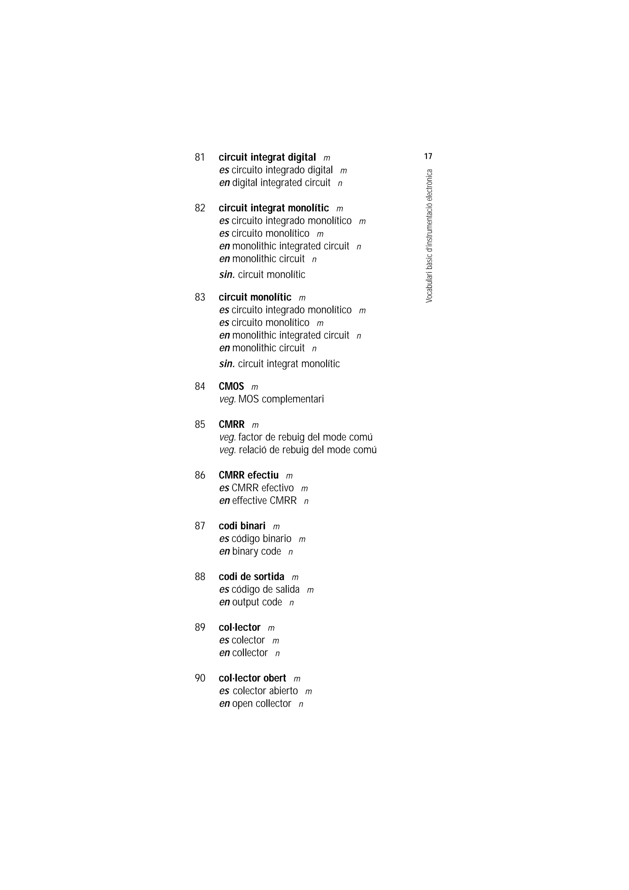 Servei de Llengües i Terminologia
UNIVERSITAT POLITÈCNICA DE CATALUNYA




                    81   circuit integrat digital m             17
                         es circuito integrado digital m




                                                                Vocabulari bàsic d’instrumentació electrònica
                         en digital integrated circuit n

                    82   circuit integrat monolític m
                         es circuito integrado monolítico m
                         es circuito monolítico m
                         en monolithic integrated circuit n
                         en monolithic circuit n
                         sin. circuit monolític

                    83   circuit monolític m
                         es circuito integrado monolítico m
                         es circuito monolítico m
                         en monolithic integrated circuit n
                         en monolithic circuit n
                         sin. circuit integrat monolític

                    84   CMOS m
                         veg. MOS complementari

                    85   CMRR m
                         veg. factor de rebuig del mode comú
                         veg. relació de rebuig del mode comú

                    86   CMRR efectiu m
                         es CMRR efectivo m
                         en effective CMRR n

                    87   codi binari m
                         es código binario m
                         en binary code n

                    88   codi de sortida m
                         es código de salida m
                         en output code n

                    89   col.lector m
                         es colector m
                         en collector n

                    90   col.lector obert m
                         es colector abierto m
                         en open collector n
 
