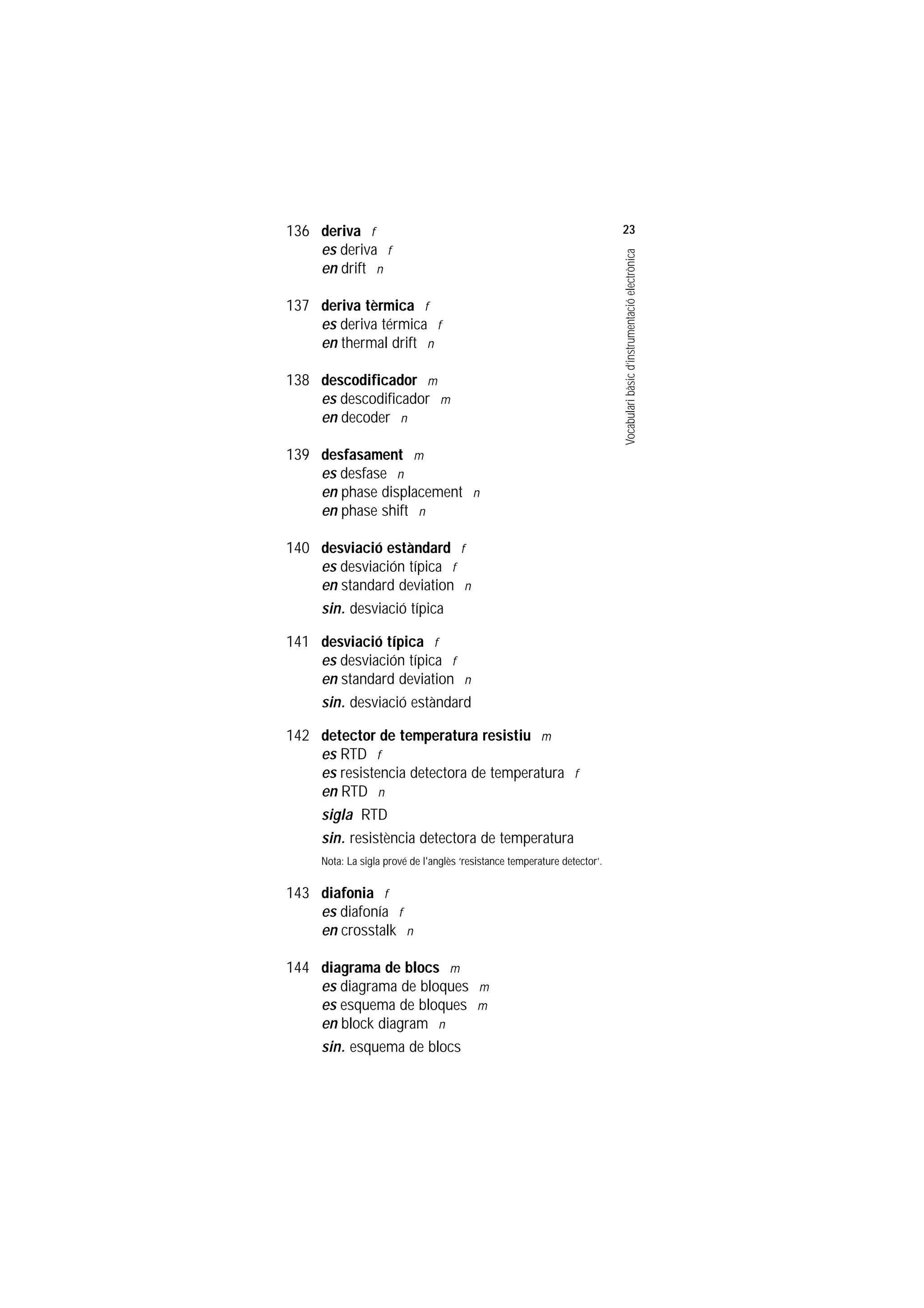 Servei de Llengües i Terminologia
UNIVERSITAT POLITÈCNICA DE CATALUNYA




                    136 deriva f                                                               23
                        es deriva f




                                                                                               Vocabulari bàsic d’instrumentació electrònica
                        en drift n

                    137 deriva tèrmica f
                        es deriva térmica f
                        en thermal drift n

                    138 descodificador m
                        es descodificador m
                        en decoder n

                    139 desfasament m
                        es desfase n
                        en phase displacement n
                        en phase shift n

                    140 desviació estàndard f
                        es desviación típica f
                        en standard deviation n
                        sin. desviació típica

                    141 desviació típica f
                        es desviación típica f
                        en standard deviation n
                        sin. desviació estàndard

                    142 detector de temperatura resistiu m
                        es RTD f
                        es resistencia detectora de temperatura f
                        en RTD n
                        sigla RTD
                        sin. resistència detectora de temperatura
                         Nota: La sigla prové de l'anglès ‘resistance temperature detector’.


                    143 diafonia f
                        es diafonía f
                        en crosstalk n

                    144 diagrama de blocs m
                        es diagrama de bloques m
                        es esquema de bloques m
                        en block diagram n
                        sin. esquema de blocs
 