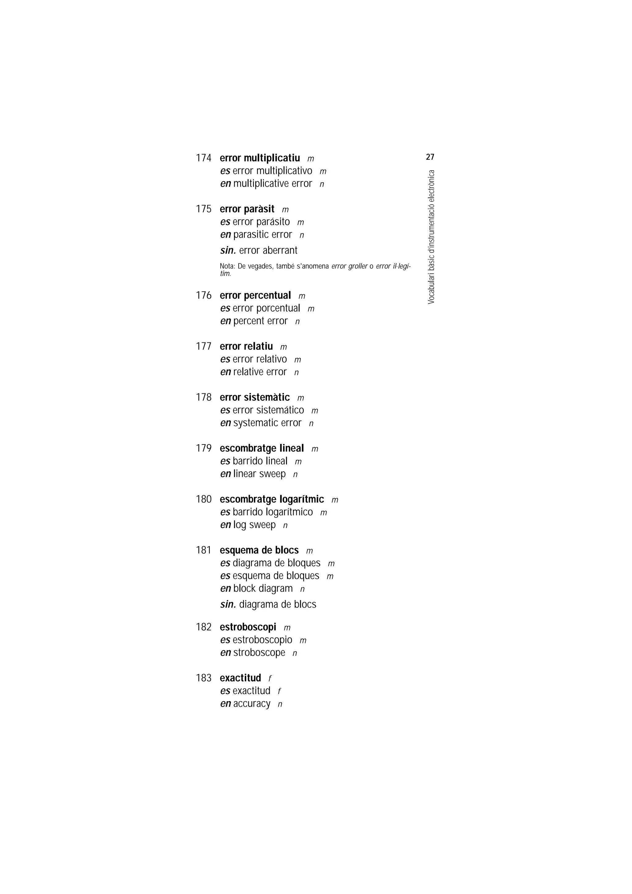 Servei de Llengües i Terminologia
UNIVERSITAT POLITÈCNICA DE CATALUNYA




                    174 error multiplicatiu m                                               27
                        es error multiplicativo m




                                                                                            Vocabulari bàsic d’instrumentació electrònica
                        en multiplicative error n

                    175 error paràsit m
                        es error parásito m
                        en parasitic error n
                        sin. error aberrant
                         Nota: De vegades, també s'anomena error groller o error il.legí-
                         tim.

                    176 error percentual m
                        es error porcentual m
                        en percent error n

                    177 error relatiu m
                        es error relativo m
                        en relative error n

                    178 error sistemàtic m
                        es error sistemático m
                        en systematic error n

                    179 escombratge lineal m
                        es barrido lineal m
                        en linear sweep n

                    180 escombratge logarítmic m
                        es barrido logarítmico m
                        en log sweep n

                    181 esquema de blocs m
                        es diagrama de bloques m
                        es esquema de bloques m
                        en block diagram n
                        sin. diagrama de blocs

                    182 estroboscopi m
                        es estroboscopio m
                        en stroboscope n

                    183 exactitud f
                        es exactitud f
                        en accuracy n
 