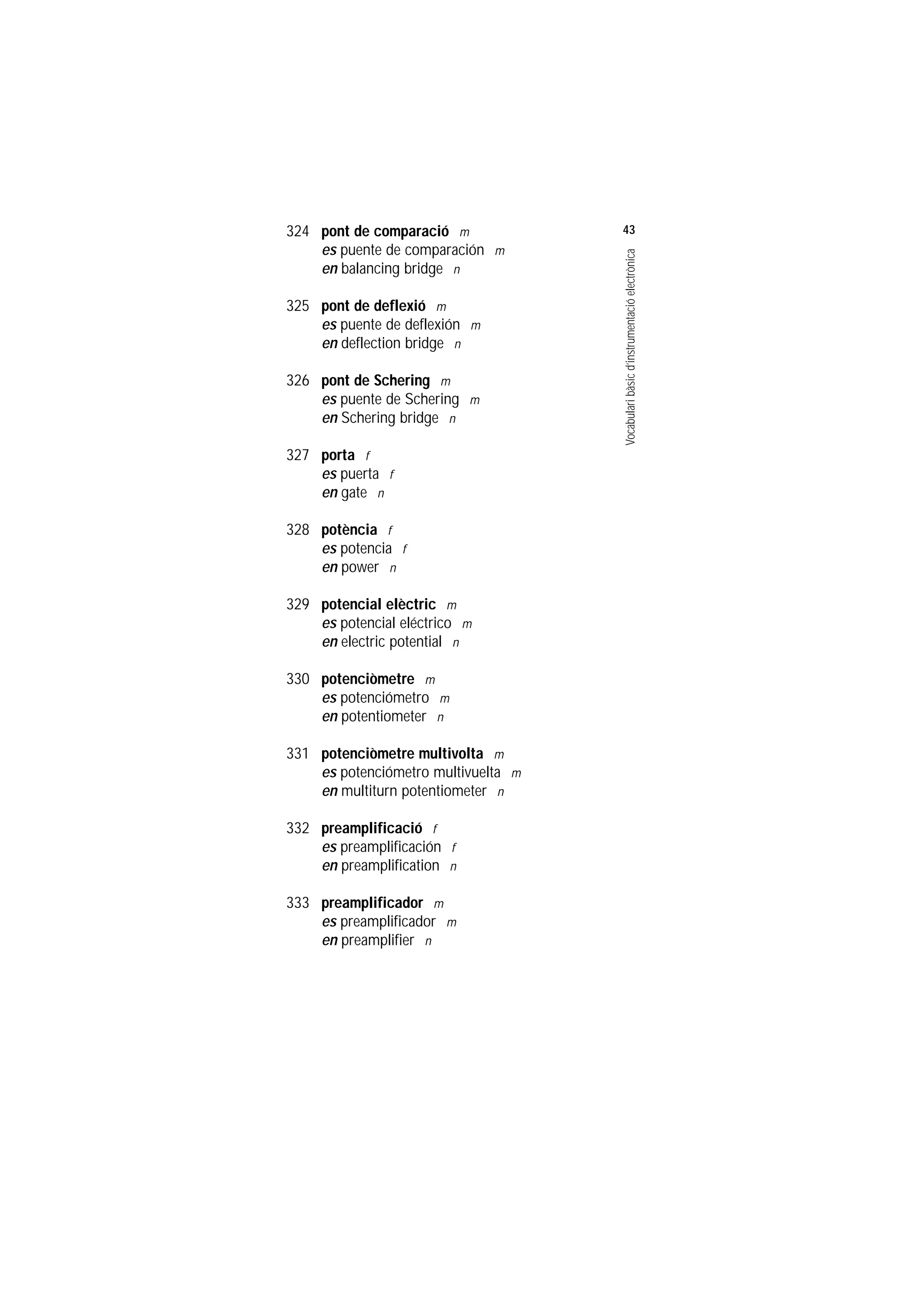Servei de Llengües i Terminologia
UNIVERSITAT POLITÈCNICA DE CATALUNYA




                    324 pont de comparació m             43
                        es puente de comparación m




                                                         Vocabulari bàsic d’instrumentació electrònica
                        en balancing bridge n

                    325 pont de deflexió m
                        es puente de deflexión m
                        en deflection bridge n

                    326 pont de Schering m
                        es puente de Schering m
                        en Schering bridge n

                    327 porta f
                        es puerta f
                        en gate n

                    328 potència f
                        es potencia f
                        en power n

                    329 potencial elèctric m
                        es potencial eléctrico m
                        en electric potential n

                    330 potenciòmetre m
                        es potenciómetro m
                        en potentiometer n

                    331 potenciòmetre multivolta m
                        es potenciómetro multivuelta m
                        en multiturn potentiometer n

                    332 preamplificació f
                        es preamplificación f
                        en preamplification n

                    333 preamplificador m
                        es preamplificador m
                        en preamplifier n
 