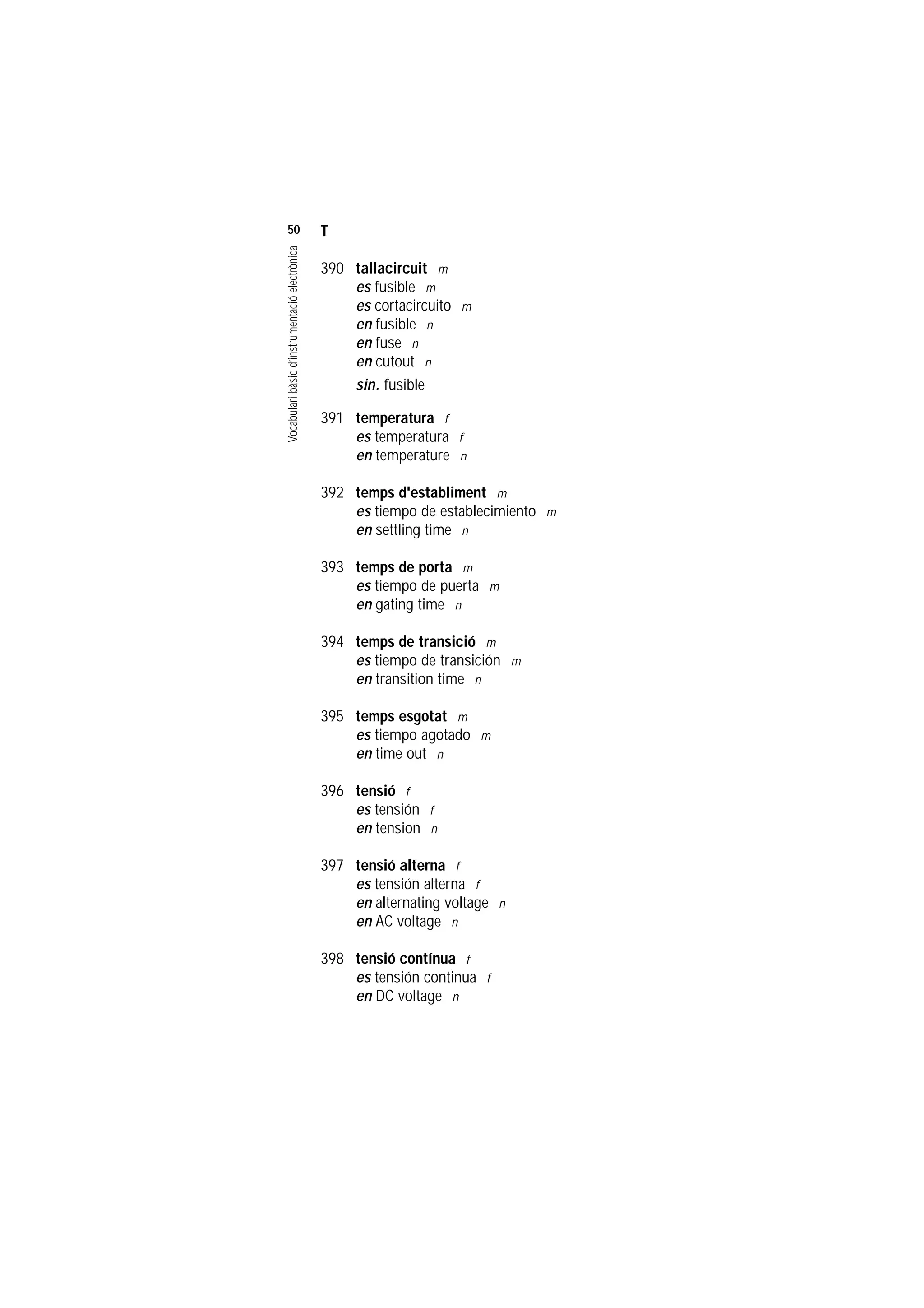 Servei de Llengües i Terminologia
UNIVERSITAT POLITÈCNICA DE CATALUNYA




                    50                                              T


                    Vocabulari bàsic d’instrumentació electrònica
                                                                    390 tallacircuit m
                                                                        es fusible m
                                                                        es cortacircuito m
                                                                        en fusible n
                                                                        en fuse n
                                                                        en cutout n
                                                                        sin. fusible

                                                                    391 temperatura f
                                                                        es temperatura f
                                                                        en temperature n

                                                                    392 temps d'establiment m
                                                                        es tiempo de establecimiento m
                                                                        en settling time n

                                                                    393 temps de porta m
                                                                        es tiempo de puerta m
                                                                        en gating time n

                                                                    394 temps de transició m
                                                                        es tiempo de transición m
                                                                        en transition time n

                                                                    395 temps esgotat m
                                                                        es tiempo agotado m
                                                                        en time out n

                                                                    396 tensió f
                                                                        es tensión f
                                                                        en tension n

                                                                    397 tensió alterna f
                                                                        es tensión alterna f
                                                                        en alternating voltage n
                                                                        en AC voltage n

                                                                    398 tensió contínua f
                                                                        es tensión continua f
                                                                        en DC voltage n
 