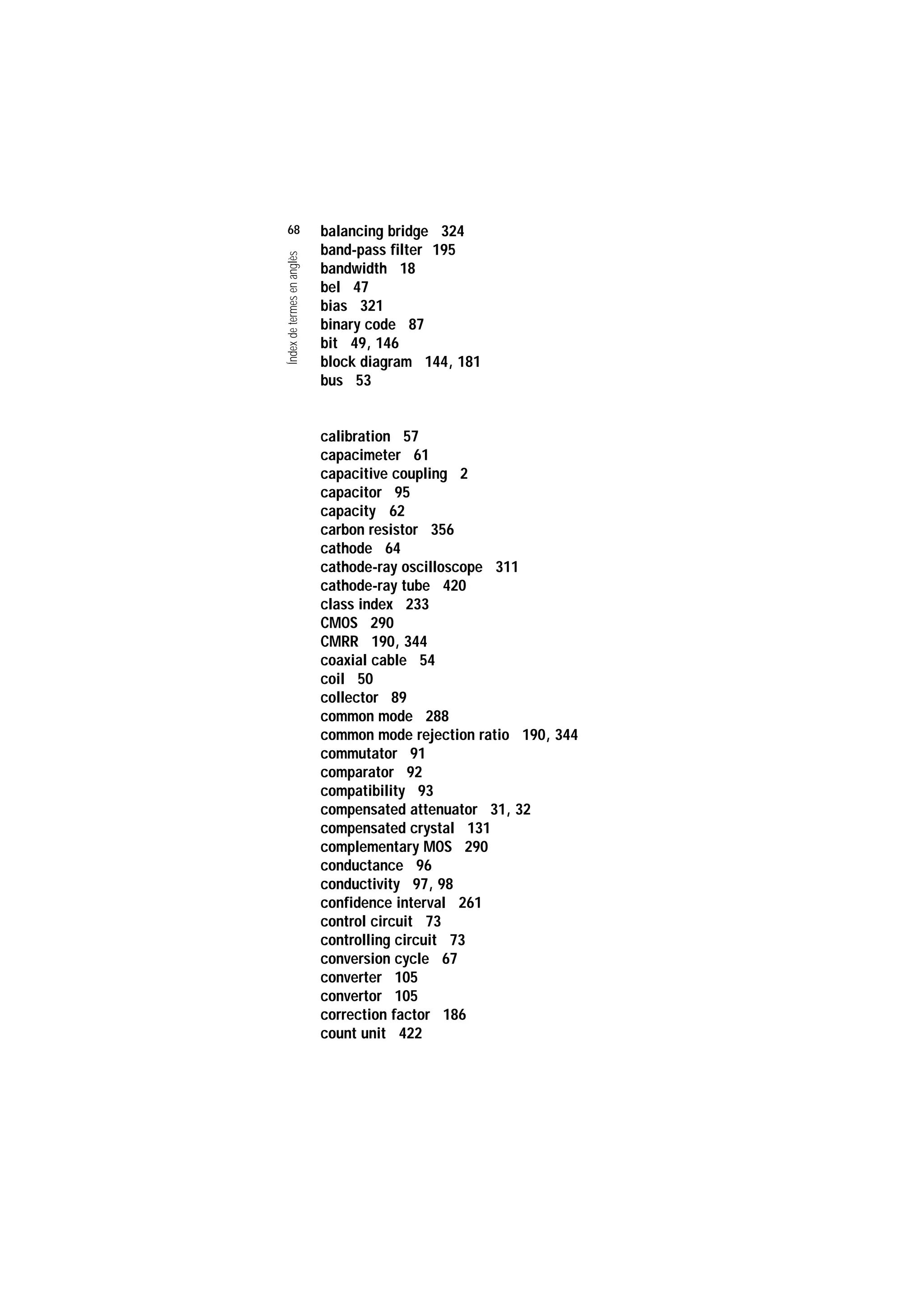 Servei de Llengües i Terminologia
UNIVERSITAT POLITÈCNICA DE CATALUNYA




                    68                          balancing bridge 324
                                                band-pass filter 195

                    Índex de termes en anglès
                                                bandwidth 18
                                                bel 47
                                                bias 321
                                                binary code 87
                                                bit 49, 146
                                                block diagram 144, 181
                                                bus 53


                                                calibration 57
                                                capacimeter 61
                                                capacitive coupling 2
                                                capacitor 95
                                                capacity 62
                                                carbon resistor 356
                                                cathode 64
                                                cathode-ray oscilloscope 311
                                                cathode-ray tube 420
                                                class index 233
                                                CMOS 290
                                                CMRR 190, 344
                                                coaxial cable 54
                                                coil 50
                                                collector 89
                                                common mode 288
                                                common mode rejection ratio 190, 344
                                                commutator 91
                                                comparator 92
                                                compatibility 93
                                                compensated attenuator 31, 32
                                                compensated crystal 131
                                                complementary MOS 290
                                                conductance 96
                                                conductivity 97, 98
                                                confidence interval 261
                                                control circuit 73
                                                controlling circuit 73
                                                conversion cycle 67
                                                converter 105
                                                convertor 105
                                                correction factor 186
                                                count unit 422
 