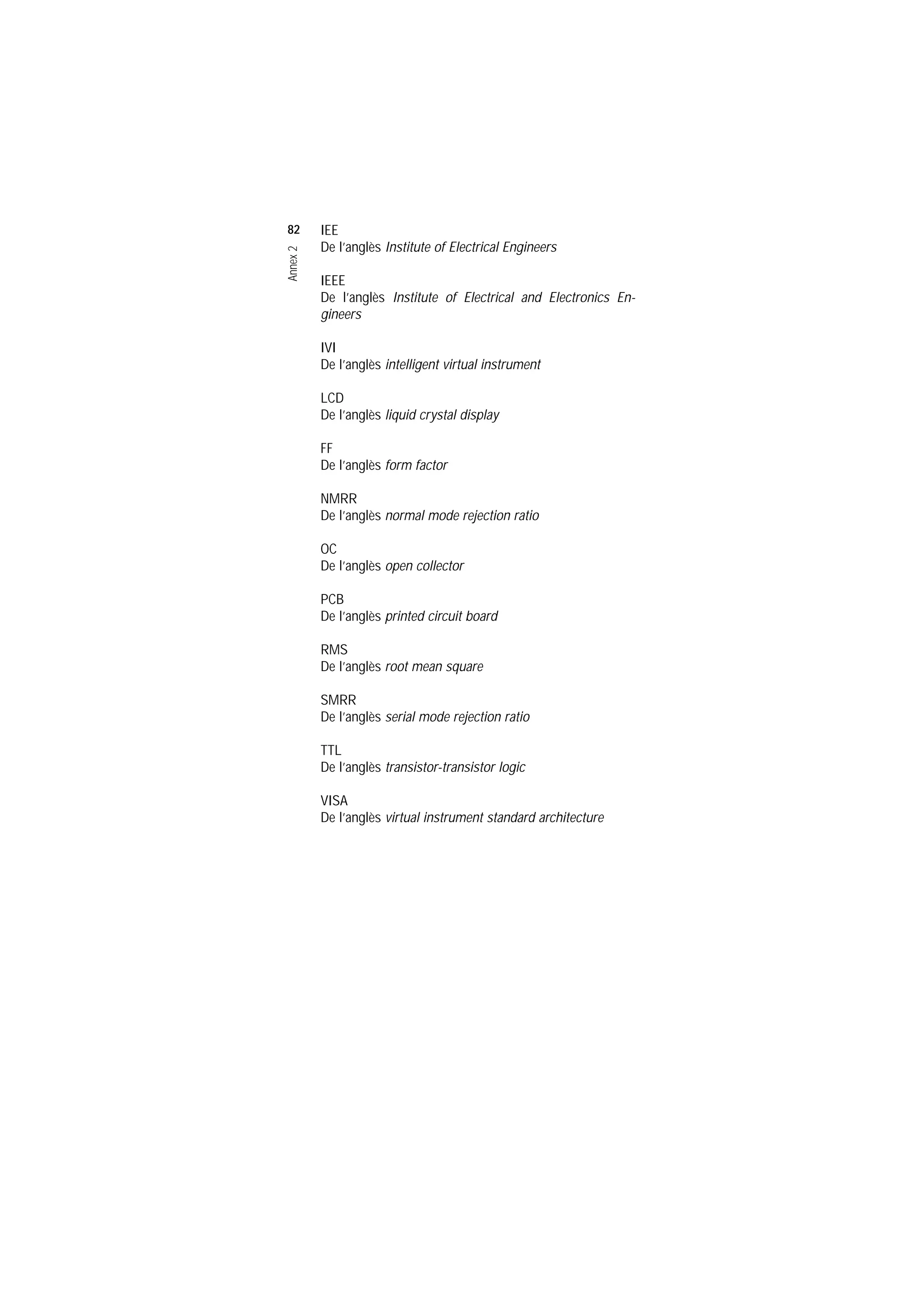 Servei de Llengües i Terminologia
UNIVERSITAT POLITÈCNICA DE CATALUNYA




                    82        IEE
                              De l’anglès Institute of Electrical Engineers


                    Annex 2
                              IEEE
                              De l’anglès Institute of Electrical and Electronics En-
                              gineers

                              IVI
                              De l’anglès intelligent virtual instrument

                              LCD
                              De l’anglès liquid crystal display

                              FF
                              De l’anglès form factor

                              NMRR
                              De l’anglès normal mode rejection ratio

                              OC
                              De l’anglès open collector

                              PCB
                              De l’anglès printed circuit board

                              RMS
                              De l’anglès root mean square

                              SMRR
                              De l’anglès serial mode rejection ratio

                              TTL
                              De l’anglès transistor-transistor logic

                              VISA
                              De l’anglès virtual instrument standard architecture
 