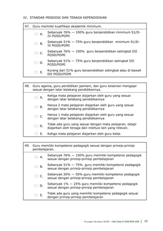 IV. STANDAR PENDIDIK DAN TENAGA KEPENDIDIKAN

47. Guru memiliki kualifikasi akademik minimum.
              Sebanyak 76% — 100% guru berpendidikan minimum S1/D-
         A.
              IV PGSD/PGMI
              Sebanyak 51% — 75% guru berpendidikan minimum S1/D-
         B.
              IV PGSD/PGMI
              Sebanyak 76% — 100% guru berpendidikan setingkat DII
         C.
              PGSD/PGMI
              Sebanyak 51% — 75% guru berpendidikan setingkat DII
         D.
              PGSD/PGMI
              Kurang dari 51% guru berpendidikan setingkat atau di bawah
         E.
              DII PGSD/PGMI


48. Guru agama, guru pendidikan jasmani, dan guru kesenian mengajar
    sesuai dengan latar belakang pendidikannya.
              Ketiga mata pelajaran diajarkan oleh guru yang sesuai
         A.
              dengan latar belakang pendidikannya
              Hanya 2 mata pelajaran diajarkan oleh guru yang sesuai
         B.
              dengan latar belakang pendidikannya
              Hanya 1 mata pelajaran diajarkan oleh guru yang sesuai
         C.
              dengan latar belakang pendidikannya
              Tidak ada guru yang sesuai dengan mata pelajaran, tetapi
         D.
              diajarkan oleh tenaga dari institusi lain yang relevan.
         E.   Ketiga mata pelajaran diajarkan oleh guru kelas


49. Guru memiliki kompetensi pedagogik sesuai dengan prinsip-prinsip
    pembelajaran.
              Sebanyak 76% — 100% guru memiliki kompetensi pedagogik
         A.
              sesuai dengan prinsip-prinsip pembelajaran
              Sebanyak 51% — 75% guru memiliki kompetensi pedagogik
         B.
              sesuai dengan prinsip-prinsip pembelajaran
              Sebanyak 26% — 50% guru memiliki kompetensi pedagogik
         C.
              sesuai dengan prinsip-prinsip pembelajaran
              Sebanyak 1% — 25% guru memiliki kompetensi pedagogik
         D.
              sesuai dengan prinsip-prinsip pembelajaran
              Tidak ada guru yang memiliki kompetensi pedagogik sesuai
         E.
              dengan prinsip-prinsip pembelajaran




                                     Perangkat Akreditasi SD/MI   - Hak Cipta © 2009 BAN-S/M | 19
 