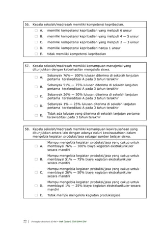56. Kepala sekolah/madrasah memiliki kompetensi kepribadian.
               A.      memiliki kompetensi kepribadian yang meliputi 6 unsur
               B.      memiliki kompetensi kepribadian yang meliputi 4 — 5 unsur
               C.      memiliki kompetensi kepribadian yang meliputi 2 — 3 unsur
               D.      memiliki kompetensi kepribadian hanya 1 unsur
                E.     tidak memiliki kompetensi kepribadian


 57. Kepala sekolah/madrasah memiliki kemampuan manajerial yang
     ditunjukkan dengan keberhasilan mengelola siswa.
                       Sebanyak 76%— 100% lulusan diterima di sekolah lanjutan
               A.
                       pertama terakreditasi A pada 3 tahun terakhir
                       Sebanyak 51% — 75% lulusan diterima di sekolah lanjutan
               B.
                       pertama terakreditasi A pada 3 tahun terakhir
                       Sebanyak 26% — 50% lulusan diterima di sekolah lanjutan
               C.
                       pertama terakreditasi A pada 3 tahun terakhir
                       Sebanyak 1% — 25% lulusan diterima di sekolah lanjutan
               D.
                       pertama terakreditasi A pada 3 tahun terakhir
                       Tidak ada lulusan yang diterima di sekolah lanjutan pertama
                E.
                       terakreditasi pada 3 tahun terakhir


 58. Kepala sekolah/madrasah memiliki kemampuan kewirausahaan yang
     ditunjukkan antara lain dengan adanya naluri kewirausahaan dalam
     mengelola kegiatan produksi/jasa sebagai sumber belajar siswa.
                       Mampu mengelola kegiatan produksi/jasa yang cukup untuk
               A.      membiayai 76% — 100% biaya kegiatan ekstrakurikuler
                       secara mandiri
                       Mampu mengelola kegiatan produksi/jasa yang cukup untuk
               B.      membiayai 51% — 75% biaya kegiatan ekstrakurikuler
                       secara mandiri
                       Mampu mengelola kegiatan produksi/jasa yang cukup untuk
               C.      membiayai 26% — 50% biaya kegiatan ekstrakurikuler
                       secara mandiri
                       Mampu mengelola kegiatan produksi/jasa yang cukup untuk
               D.      membiayai 1% — 25% biaya kegiatan ekstrakurikuler secara
                       mandiri
                E.     Tidak mampu mengelola kegiatan produksi/jasa




22 |   Perangkat Akreditasi SD/MI   - Hak Cipta © 2009 BAN-S/M
 