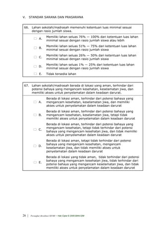 V.     STANDAR SARANA DAN PRASARANA


 66. Lahan sekolah/madrasah memenuhi ketentuan luas minimal sesuai
     dengan rasio jumlah siswa.
                       Memiliki lahan seluas 76% — 100% dari ketentuan luas lahan
               A.
                       minimal sesuai dengan rasio jumlah siswa atau lebih
                       Memiliki lahan seluas 51% — 75% dari ketentuan luas lahan
               B.
                       minimal sesuai dengan rasio jumlah siswa
                       Memiliki lahan seluas 26% — 50% dari ketentuan luas lahan
               C.
                       minimal sesuai dengan rasio jumlah siswa
                       Memiliki lahan seluas 1% — 25% dari ketentuan luas lahan
               D.
                       minimal sesuai dengan rasio jumlah siswa
                E.     Tidak tersedia lahan


 67. Lahan sekolah/madrasah berada di lokasi yang aman, terhindar dari
     potensi bahaya yang mengancam kesehatan, keselamatan jiwa, dan
     memiliki akses untuk penyelamatan dalam keadaan darurat.
                       Berada di lokasi aman, terhindar dari potensi bahaya yang
               A.      mengancam kesehatan, keselamatan jiwa, dan memiliki
                       akses untuk penyelamatan dalam keadaan darurat
                       Berada di lokasi aman, terhindar dari potensi bahaya yang
               B.      mengancam kesehatan, keselamatan jiwa, tetapi tidak
                       memiliki akses untuk penyelamatan dalam keadaan darurat
                       Berada di lokasi aman, terhindar dari potensi bahaya yang
                       mengancam kesehatan, tetapi tidak terhindar dari potensi
               C.
                       bahaya yang mengancam kesehatan jiwa, dan tidak memiliki
                       akses untuk penyelamatan dalam keadaan darurat
                       Berada di lokasi aman, tetapi tidak terhindar dari potensi
                       bahaya yang mengancam kesehatan, mengancam
               D.
                       keselamatan jiwa, dan tidak memiliki akses untuk
                       penyelamatan dalam keadaan darurat
                       Berada di lokasi yang tidak aman, tidak terhindar dari potensi
                       bahaya yang mengancam kesehatan jiwa, tidak terhindar dari
               E.
                       potensi bahaya yang mengancam keselamatan jiwa, dan tidak
                       memiliki akses untuk penyelamatan dalam keadaan darurat




26 |   Perangkat Akreditasi SD/MI   - Hak Cipta © 2009 BAN-S/M
 