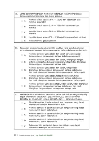 70. Lantai sekolah/madrasah memenuhi ketentuan luas minimal sesuai
     dengan rasio jumlah siswa dan lantai gedung.
                       Memiliki lantai seluas 76% — 100% dari ketentuan luas
               A.
                       minimal atau lebih
                       Memiliki lantai seluas 51% — 75% dari ketentuan luas
               B.
                       minimal
                       Memiliki lantai seluas 26% — 50% dari ketentuan luas
               C.
                       minimal
               D.      Memiliki lantai seluas 1% — 25% dari ketentuan luas minimal
                E.     Tidak memiliki gedung sendiri


 71. Bangunan sekolah/madrasah memiliki struktur yang stabil dan kokoh
     serta dilengkapi dengan sistem pencegahan bahaya kebakaran dan petir.
                       Memiliki struktur yang stabil dan kokoh serta dilengkapi
               A.
                       dengan sistem pencegahan bahaya kebakaran dan petir
                       Memiliki struktur yang stabil dan kokoh, dilengkapi dengan
               B.      sistem pencegahan bahaya kebakaran, tetapi tidak dilengkapi
                       dengan sistem pencegahan bahaya petir
                       Memiliki struktur yang stabil dan kokoh, tetapi tidak
               C.      dilengkapi dengan sistem pencegahan bahaya kebakaran,
                       dan tidak dilengkapi dengan sistem pencegahan bahaya petir
                       Memiliki struktur yang stabil, tetapi tidak kokoh, tidak
               D.      dilengkapi dengan sistem pencegahan bahaya kebakaran,
                       dan tidak dilengkapi dengan sistem pencegahan bahaya petir
                       Memiliki struktur yang tidak stabil, tidak kokoh, tidak dilengkapi
                E.     dengan sistem pencegahan bahaya kebakaran, dan tidak
                       dilengkapi dengan sistem pencegahan bahaya petir


 72. Sekolah/Madrasah memiliki sanitasi di dalam dan di luar bangunan yang
     dapat memenuhi kebutuhan: (1) air bersih, (2) saluran air kotor
     dan/atau air limbah, (3) tempat sampah, dan (4) saluran air hujan.
                        Memiliki sanitasi di dalam dan di luar bangunan yang dapat
               A.
                        memenuhi keempat kebutuhan di atas.
                       Memiliki sanitasi di dalam dan di luar bangunan yang dapat
               B.
                       memenuhi 3 dari 4 kebutuhan.
                       Memiliki sanitasi di dalam dan di luar bangunan yang dapat
               C.
                       memenuhi 2 dari 4 kebutuhan.
                       Memiliki sanitasi di dalam dan di luar bangunan yang dapat
               D.
                       memenuhi 1 dari 4 kebutuhan.
                       Tidak memiliki sanitasi di dalam dan di luar yang dapat
                E.
                       memenuhi keempat kebutuhan di atas.



28 |   Perangkat Akreditasi SD/MI   - Hak Cipta © 2009 BAN-S/M
 