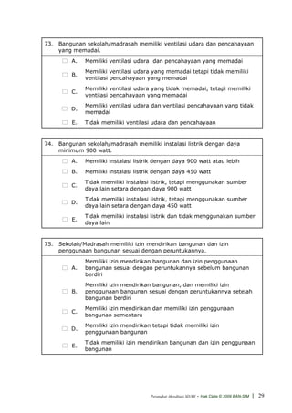73. Bangunan sekolah/madrasah memiliki ventilasi udara dan pencahayaan
    yang memadai.
         A.   Memiliki ventilasi udara dan pencahayaan yang memadai
              Memiliki ventilasi udara yang memadai tetapi tidak memiliki
         B.
              ventilasi pencahayaan yang memadai
              Memiliki ventilasi udara yang tidak memadai, tetapi memiliki
         C.
              ventilasi pencahayaan yang memadai
              Memiliki ventilasi udara dan ventilasi pencahayaan yang tidak
         D.
              memadai
         E.   Tidak memiliki ventilasi udara dan pencahayaan


74. Bangunan sekolah/madrasah memiliki instalasi listrik dengan daya
    minimum 900 watt.
         A.   Memiliki instalasi listrik dengan daya 900 watt atau lebih
         B.   Memiliki instalasi listrik dengan daya 450 watt
              Tidak memiliki instalasi listrik, tetapi menggunakan sumber
         C.
              daya lain setara dengan daya 900 watt
              Tidak memiliki instalasi listrik, tetapi menggunakan sumber
         D.
              daya lain setara dengan daya 450 watt
              Tidak memiliki instalasi listrik dan tidak menggunakan sumber
         E.
              daya lain


75. Sekolah/Madrasah memiliki izin mendirikan bangunan dan izin
    penggunaan bangunan sesuai dengan peruntukannya.
              Memiliki izin mendirikan bangunan dan izin penggunaan
         A.   bangunan sesuai dengan peruntukannya sebelum bangunan
              berdiri
              Memiliki izin mendirikan bangunan, dan memiliki izin
         B.   penggunaan bangunan sesuai dengan peruntukannya setelah
              bangunan berdiri
              Memiliki izin mendirikan dan memiliki izin penggunaan
         C.
              bangunan sementara
              Memiliki izin mendirikan tetapi tidak memiliki izin
         D.
              penggunaan bangunan
              Tidak memiliki izin mendirikan bangunan dan izin penggunaan
         E.
              bangunan




                                      Perangkat Akreditasi SD/MI   - Hak Cipta © 2009 BAN-S/M | 29
 