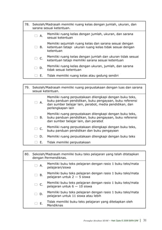 78. Sekolah/Madrasah memiliki ruang kelas dengan jumlah, ukuran, dan
    sarana sesuai ketentuan.
              Memiliki ruang kelas dengan jumlah, ukuran, dan sarana
         A.
              sesuai ketentuan
              Memiliki sejumlah ruang kelas dan sarana sesuai dengan
         B.   ketentuan tetapi ukuran ruang kelas tidak sesuai dengan
              ketentuan
              Memiliki ruang kelas dengan jumlah dan ukuran tidak sesuai
         C.
              ketentuan tetapi memiliki sarana sesuai ketentuan
              Memiliki ruang kelas dengan ukuran, jumlah, dan sarana
         D.
              tidak sesuai ketentuan
         E.   Tidak memiliki ruang kelas atau gedung sendiri


79. Sekolah/Madrasah memiliki ruang perpustakaan dengan luas dan sarana
    sesuai ketentuan.
              Memiliki ruang perpustakaan dilengkapi dengan buku teks,
              buku panduan pendidikan, buku pengayaan, buku referensi
         A.
              dan sumber belajar lain, perabot, media pendidikan, dan
              perlengkapan lain
              Memiliki ruang perpustakaan dilengkapi dengan buku teks,
         B.   buku panduan pendidikan, buku pengayaan, buku referensi
              dan sumber belajar lain, dan perabot
              Memiliki ruang perpustakaan dilengkapi dengan buku teks,
         C.
              buku panduan pendidikan dan buku pengayaan
         D.   Memiliki ruang perpustakaan dilengkapi dengan buku teks
         E.   Tidak memiliki perpustakaan


80. Sekolah/Madrasah memiliki buku teks pelajaran yang telah ditetapkan
    dengan Permendiknas.
              Memiliki buku teks pelajaran dengan rasio 1 buku teks/mata
         A.
              pelajaran/siswa
              Memiliki buku teks pelajaran dengan rasio 1 buku teks/mata
         B.
              pelajaran untuk 2 — 5 siswa
              Memiliki buku teks pelajaran dengan rasio 1 buku teks/mata
         C.
              pelajaran untuk 6 — 10 siswa
              Memiliki buku teks pelajaran dengan rasio 1 buku teks/mata
         D.
              pelajaran untuk 11 siswa atau lebih
              Tidak memiliki buku teks pelajaran yang ditetapkan oleh
         E.
              Mendiknas




                                     Perangkat Akreditasi SD/MI   - Hak Cipta © 2009 BAN-S/M | 31
 