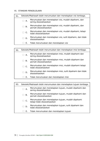 VI. STANDAR PENGELOLAAN

 91.      Sekolah/Madrasah telah merumuskan dan menetapkan visi lembaga.

                         Merumuskan dan menetapkan visi, mudah dipahami, dan
                 A.
                         sering disosialisasikan
                         Merumuskan dan menetapkan visi, mudah dipahami, dan
                 B.
                         pernah disosialisasikan
                         Merumuskan dan menetapkan visi, mudah dipahami, tetapi
                 C.
                         tidak disosialisasikan
                         Merumuskan dan menetapkan visi, sulit dipahami, dan tidak
                 D.
                         disosialisasikan
                 E.      Tidak merumuskan dan menetapkan visi


 92.      Sekolah/Madrasah telah merumuskan dan menetapkan misi lembaga.

                         Merumuskan dan menetapkan misi, mudah dipahami dan
                 A.
                         sering disosialisasikan
                         Merumuskan dan menetapkan misi, mudah dipahami dan
                 B.
                         pernah disosialisasikan
                         Merumuskan dan menetapkan misi, mudah dipahami tetapi
                 C.
                         tidak disosialisasikan
                         Merumuskan dan menetapkan misi, sulit dipahami dan tidak
                 D.
                         disosialisasikan
                 E.      Tidak merumuskan dan menetapkan misi


 93.      Sekolah/Madrasah telah merumuskan dan menetapkan tujuan lembaga.
                         Merumuskan dan menetapkan tujuan, mudah dipahami dan
                 A.
                         sering disosialisasikan
                         Merumuskan dan menetapkan tujuan, mudah dipahami dan
                 B.
                         pernah disosialisasikan
                         Merumuskan dan menetapkan tujuan, mudah dipahami
                 C.
                         tetapi tidak disosialisasikan
                         Merumuskan dan menetapkan tujuan, sulit dipahami dan
                 D.
                         tidak disosialisasikan
                 E.      Tidak merumuskan dan menetapkan tujuan




36 |   Perangkat Akreditasi SD/MI   - Hak Cipta © 2009 BAN-S/M
 
