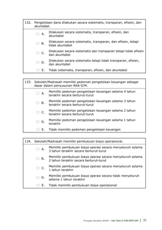 132. Pengelolaan dana dilakukan secara sistematis, transparan, efisien, dan
     akuntabel.
               Dilakukan secara sistematis, transparan, efisien, dan
          A.
               akuntabel
               Dilakukan secara sistematis, transparan, dan efisien, tetapi
          B.
               tidak akuntabel
               Dilakukan secara sistematis dan transparan tetapi tidak efisien
          C.
               dan akuntabel
               Dilakukan secara sistematis tetapi tidak transparan, efisien,
          D.
               dan akuntabel
          E.   Tidak sistematis, transparan, efisien, dan akuntabel


133. Sekolah/Madrasah memiliki pedoman pengelolaan keuangan sebagai
     dasar dalam penyusunan RKA-S/M.
               Memiliki pedoman pengelolaan keuangan selama 4 tahun
          A.
               terakhir secara berturut-turut
               Memiliki pedoman pengelolaan keuangan selama 3 tahun
          B.
               terakhir secara berturut-turut
               Memiliki pedoman pengelolaan keuangan selama 2 tahun
          C.
               terakhir secara berturut-turut
               Memiliki pedoman pengelolaan keuangan selama 1 tahun
          D.
               terakhir
          E.   Tidak memiliki pedoman pengelolaan keuangan


134. Sekolah/Madrasah memiliki pembukuan biaya operasional.
               Memiliki pembukuan biaya operasi secara menyeluruh selama
          A.
               3 tahun terakhir secara berturut-turut
               Memiliki pembukuan biaya operasi secara menyeluruh selama
          B.
               2 tahun terakhir secara berturut-turut
               Memiliki pembukuan biaya operasi secara menyeluruh selama
          C.
               1 tahun terakhir
               Memiliki pembukuan biaya operasi secara tidak menyeluruh
          D.
               selama 1 tahun terakhir
          E.   Tidak memiliki pembukuan biaya operasional




                                      Perangkat Akreditasi SD/MI   - Hak Cipta © 2009 BAN-S/M | 51
 